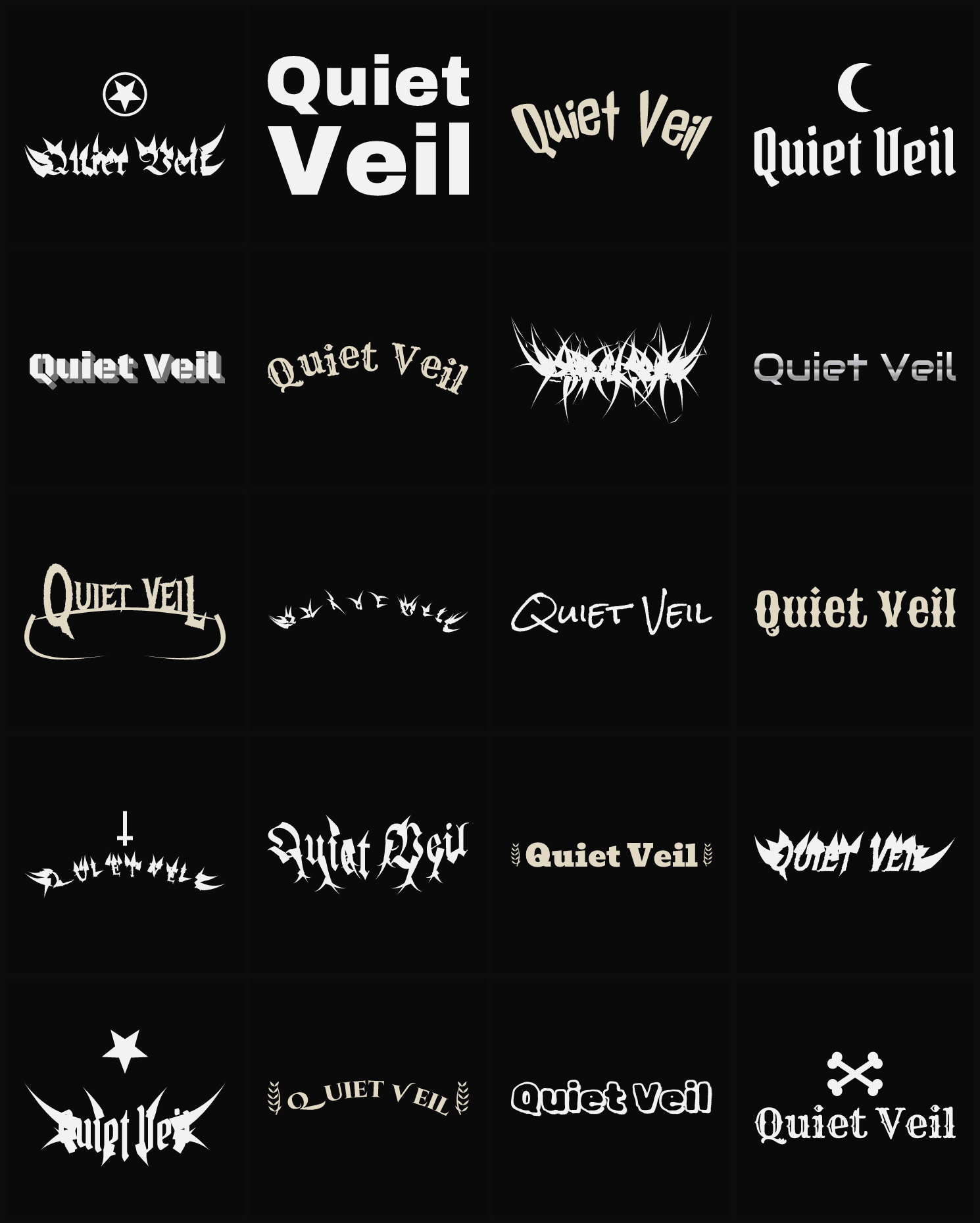 Twenty Quiet Veil band logo ideas — different faces, treatments and spike settings