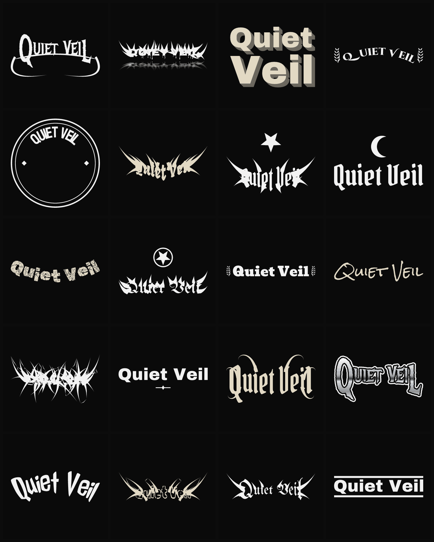Twenty Quiet Veil band logo ideas — different faces, treatments and spike settings