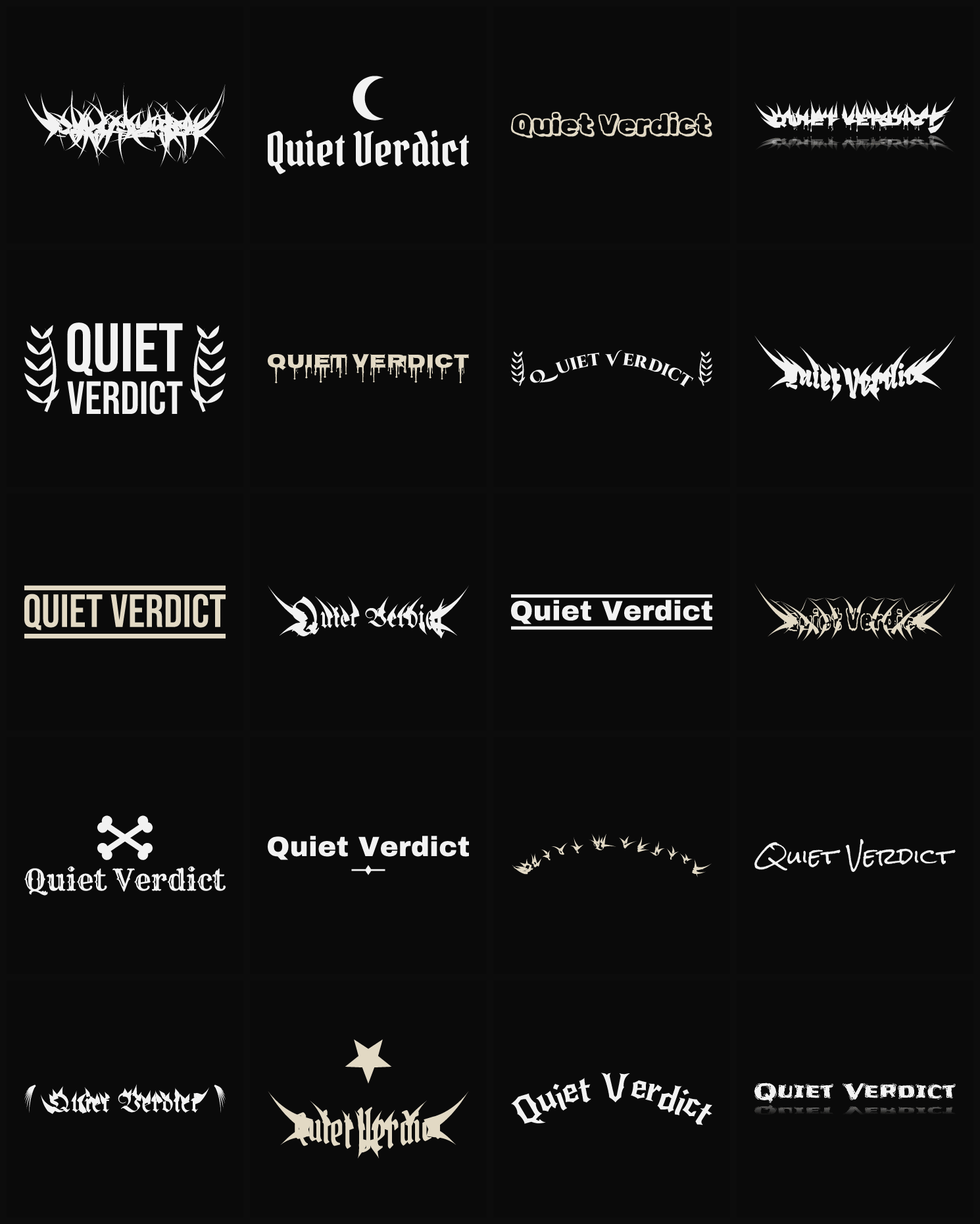 Twenty Quiet Verdict band logo ideas — different faces, treatments and spike settings