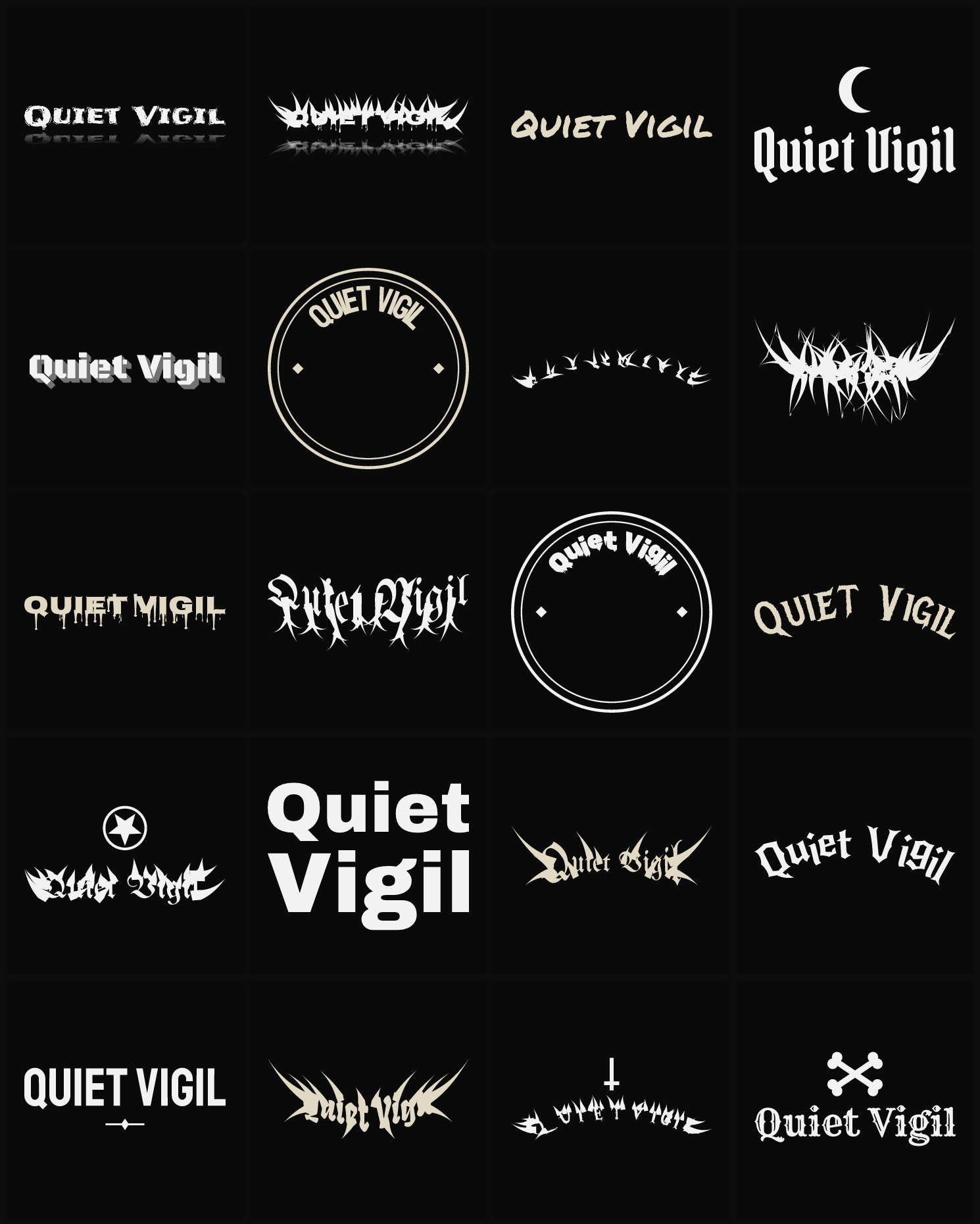 Twenty Quiet Vigil band logo ideas — different faces, treatments and spike settings