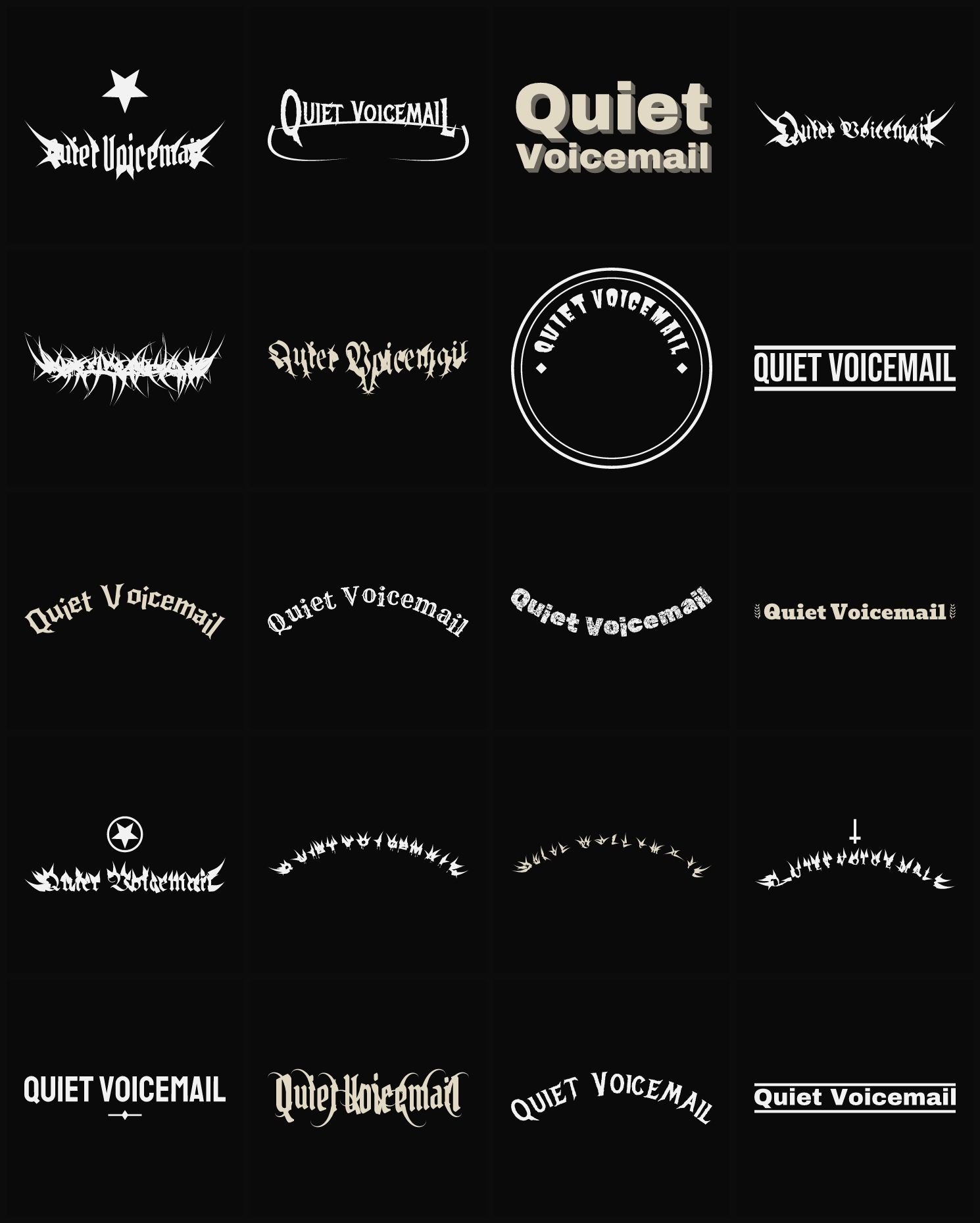 Twenty Quiet Voicemail band logo ideas — different faces, treatments and spike settings