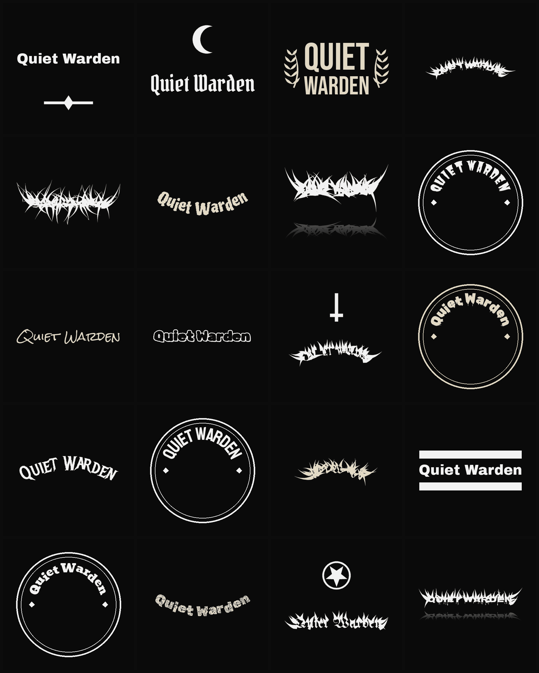 Twenty Quiet Warden band logo ideas — different faces, treatments and spike settings
