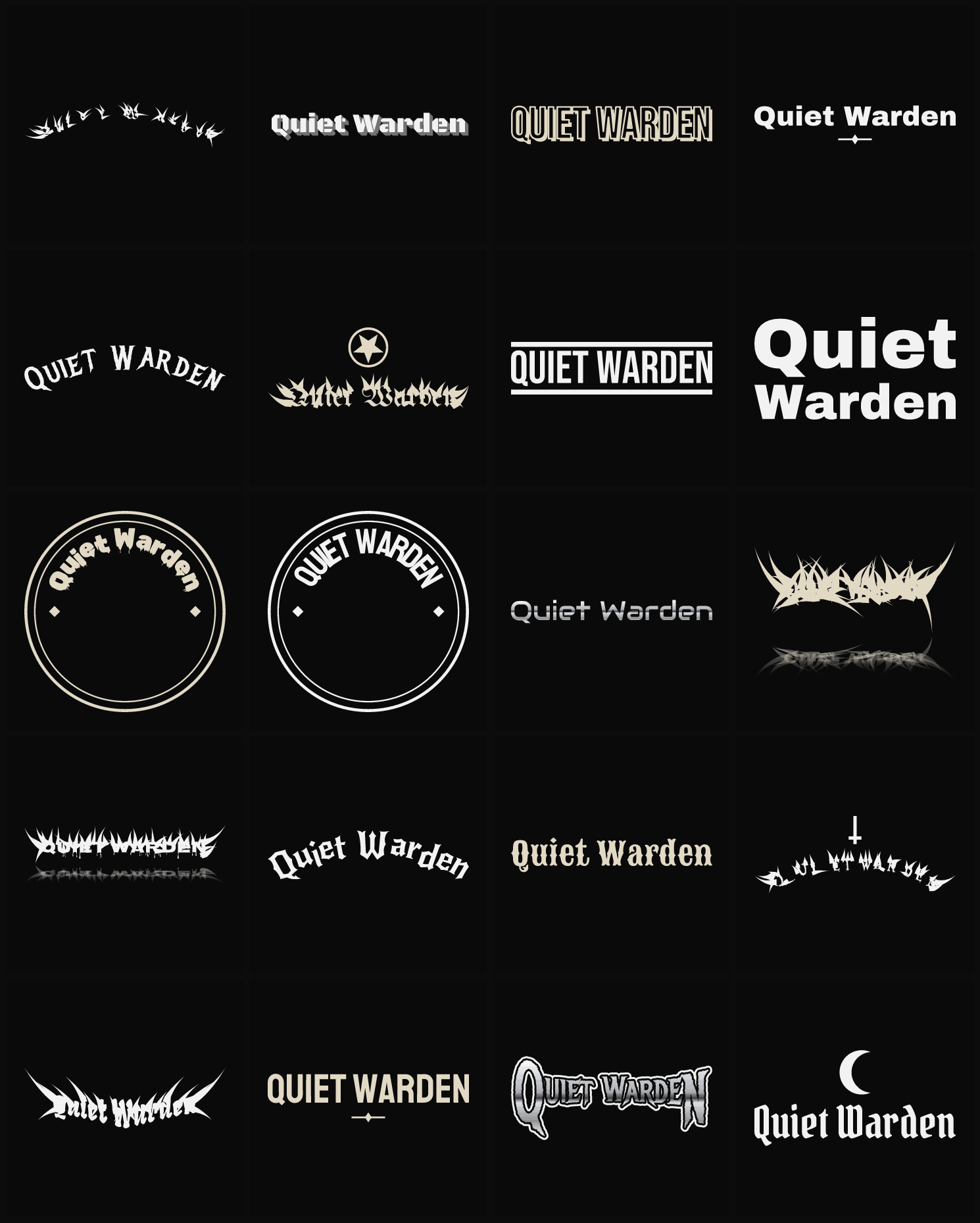 Twenty Quiet Warden band logo ideas — different faces, treatments and spike settings
