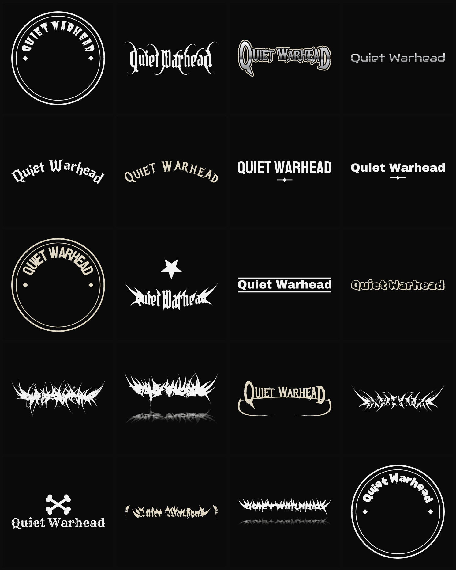 Twenty Quiet Warhead band logo ideas — different faces, treatments and spike settings