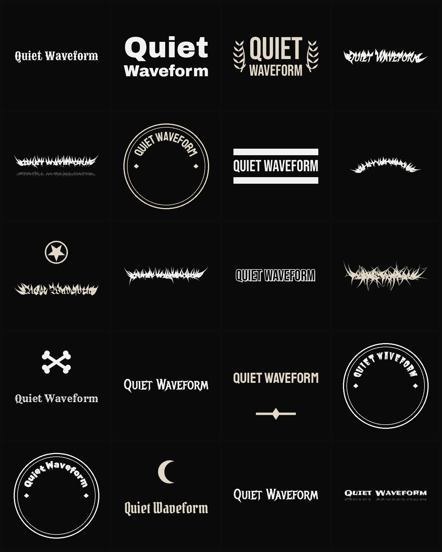 Twenty Quiet Waveform band logo ideas — different faces, treatments and spike settings