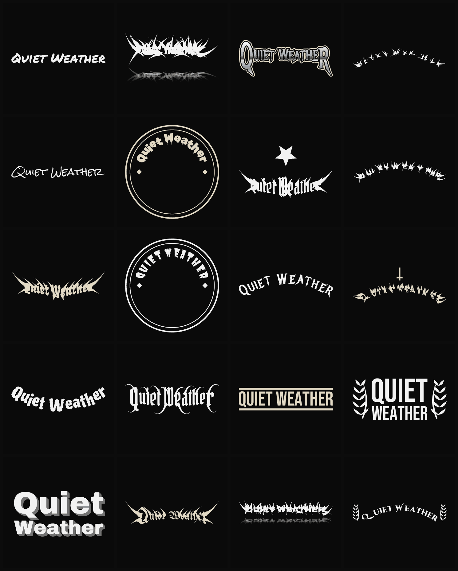 Twenty Quiet Weather band logo ideas — different faces, treatments and spike settings
