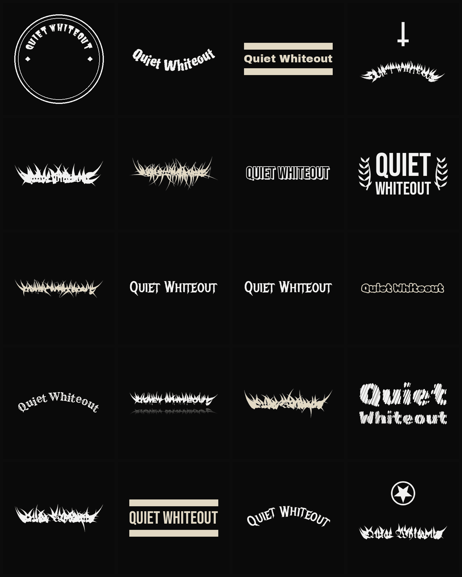 Twenty Quiet Whiteout band logo ideas — different faces, treatments and spike settings