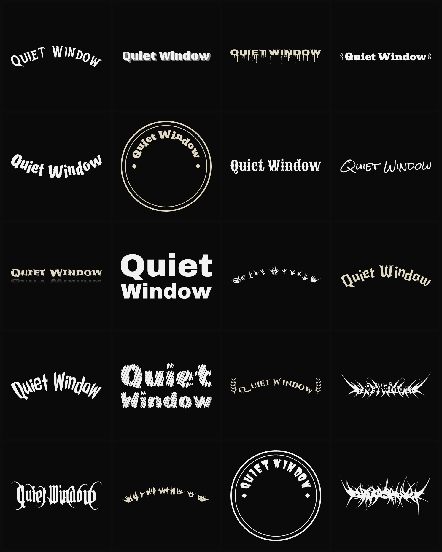Twenty Quiet Window band logo ideas — different faces, treatments and spike settings