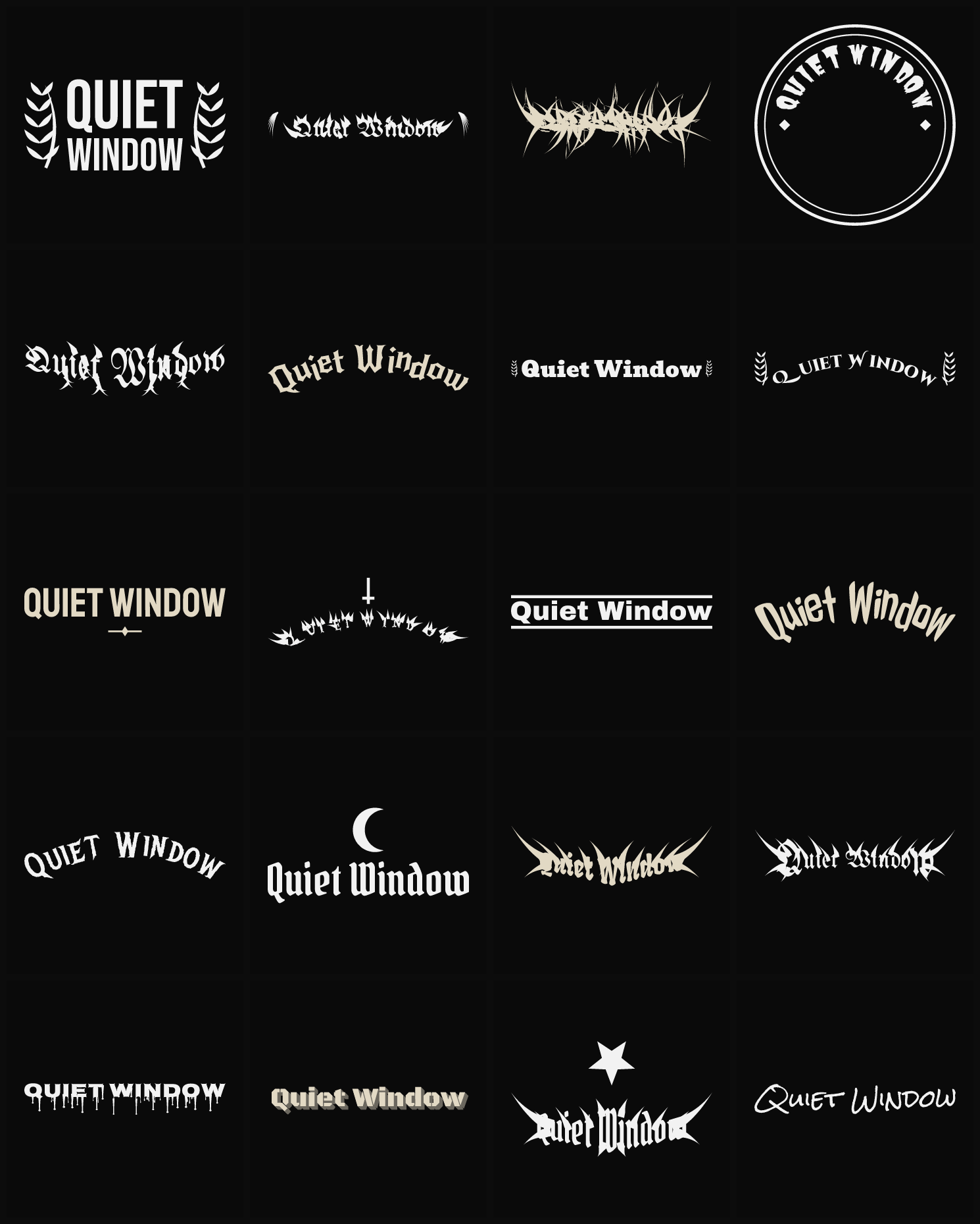 Twenty Quiet Window band logo ideas — different faces, treatments and spike settings
