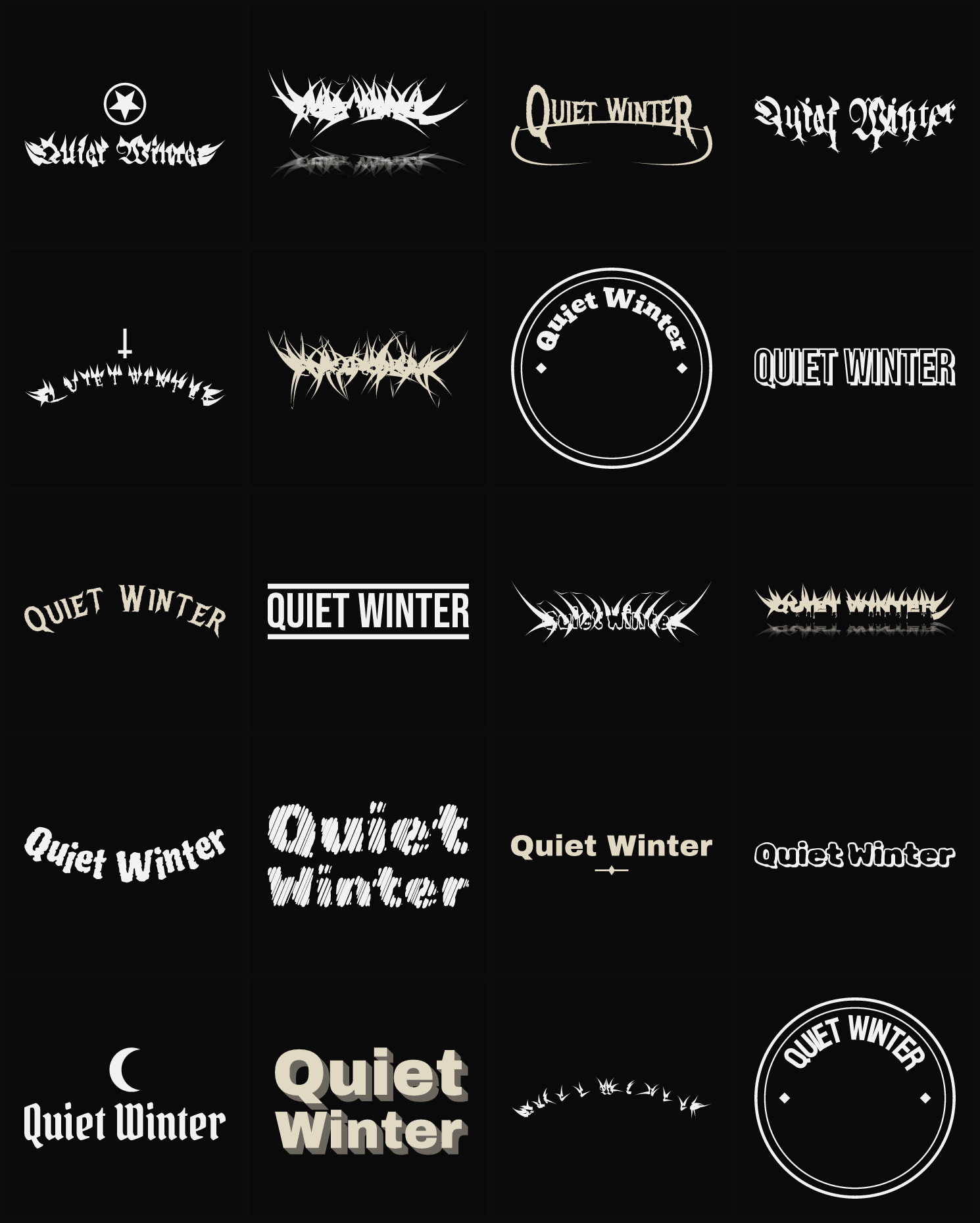 Twenty Quiet Winter band logo ideas — different faces, treatments and spike settings