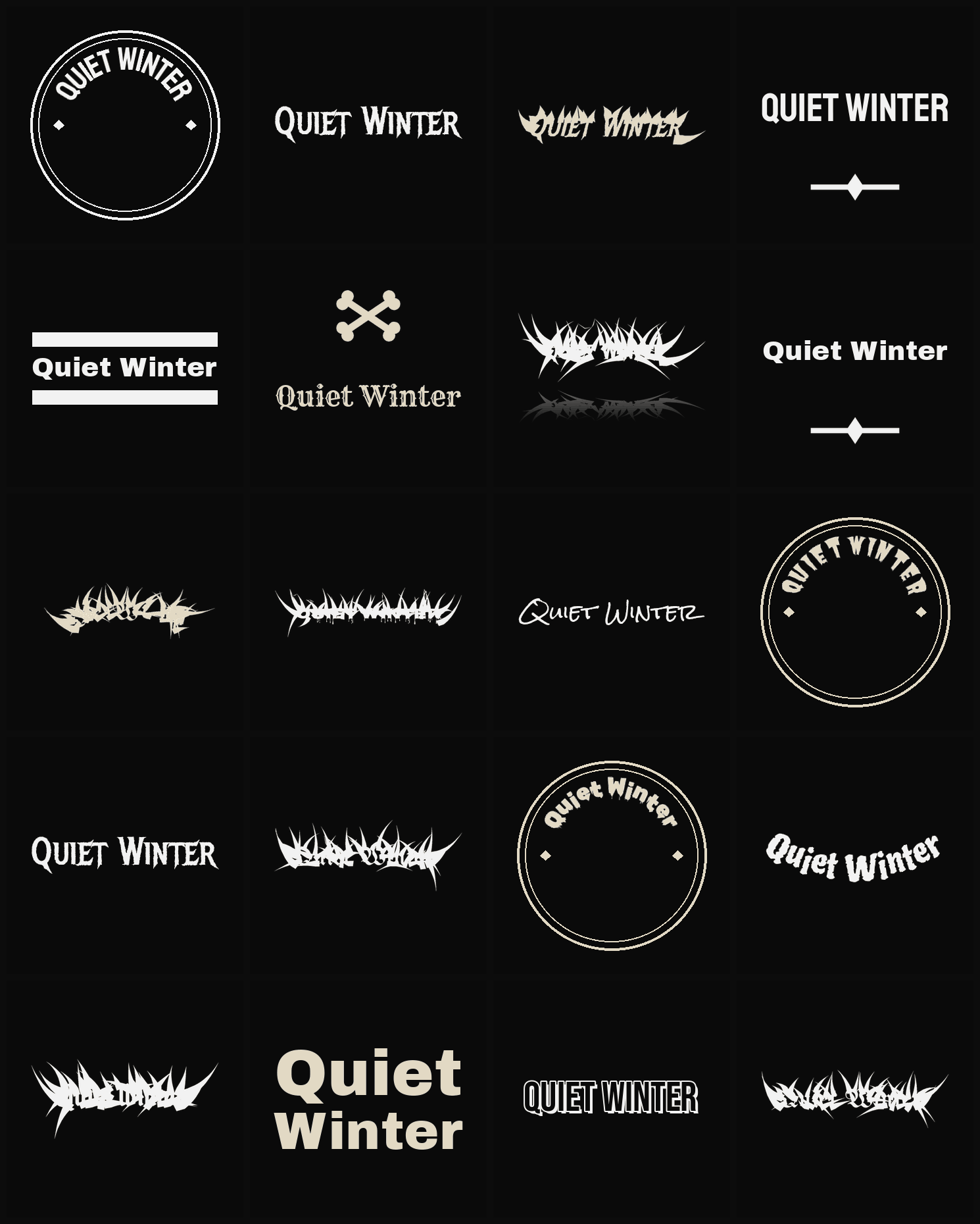 Twenty Quiet Winter band logo ideas — different faces, treatments and spike settings