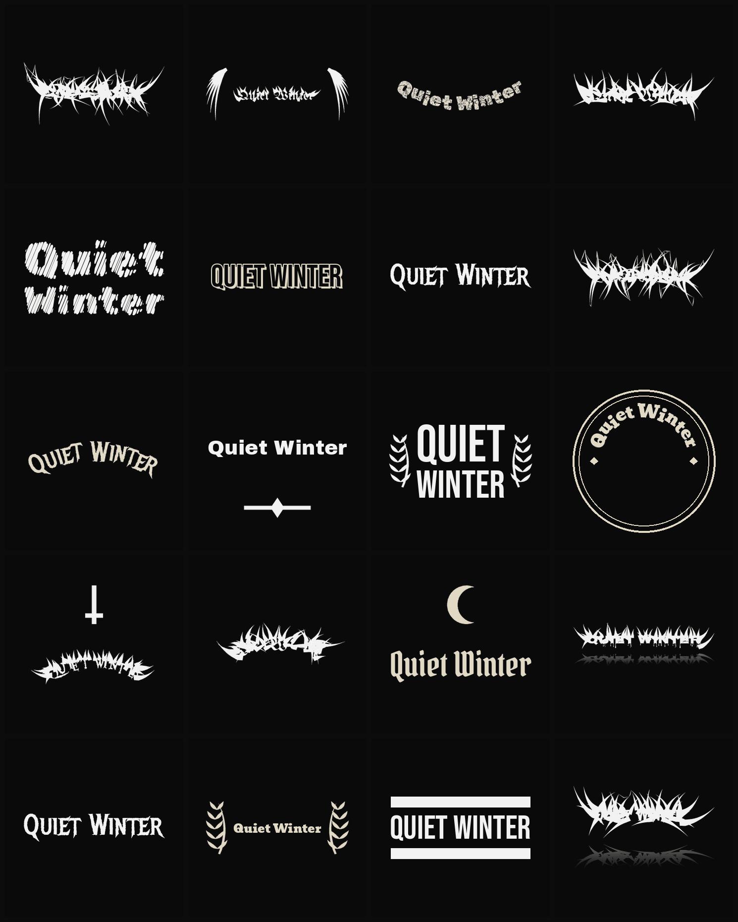Twenty Quiet Winter band logo ideas — different faces, treatments and spike settings