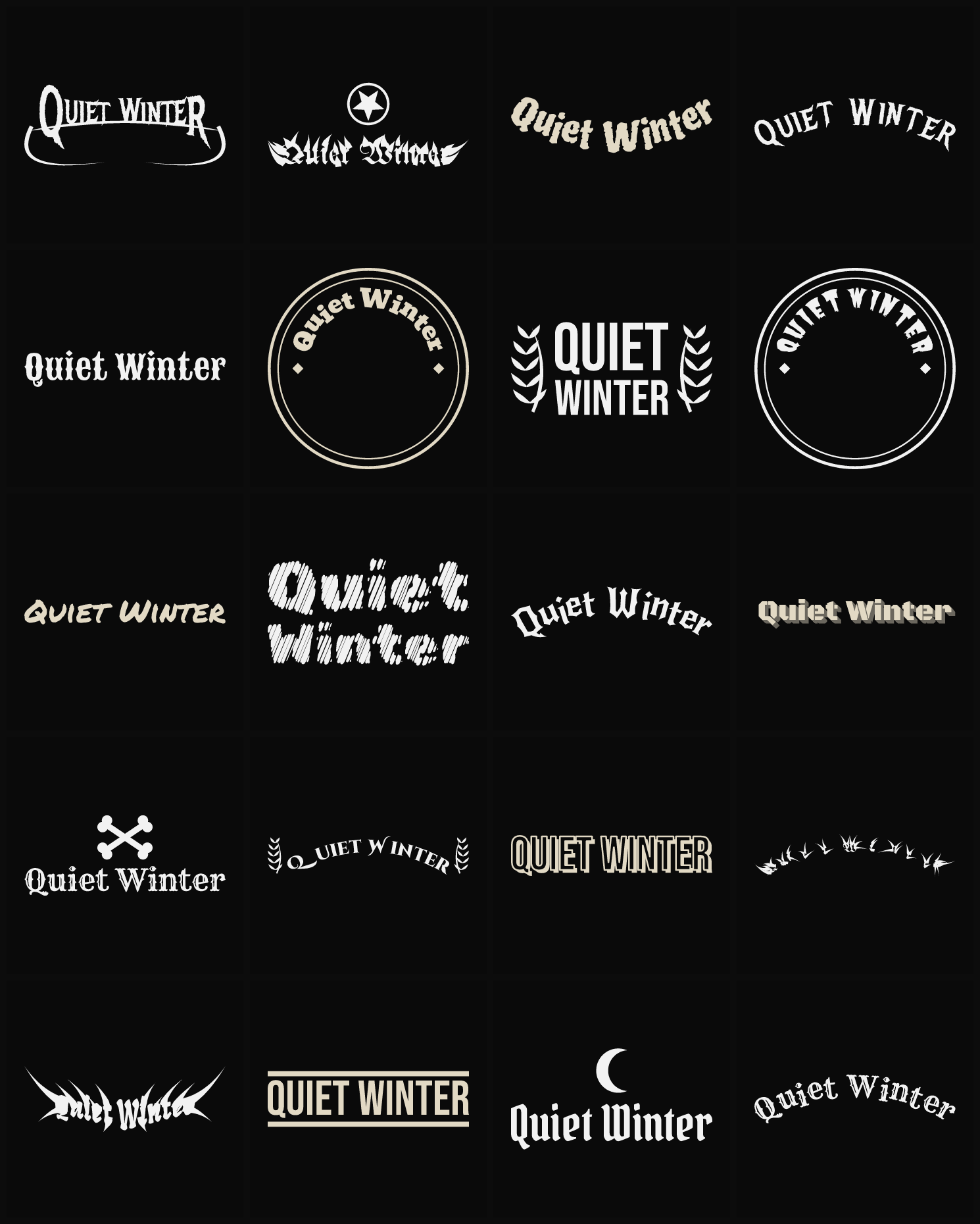 Twenty Quiet Winter band logo ideas — different faces, treatments and spike settings