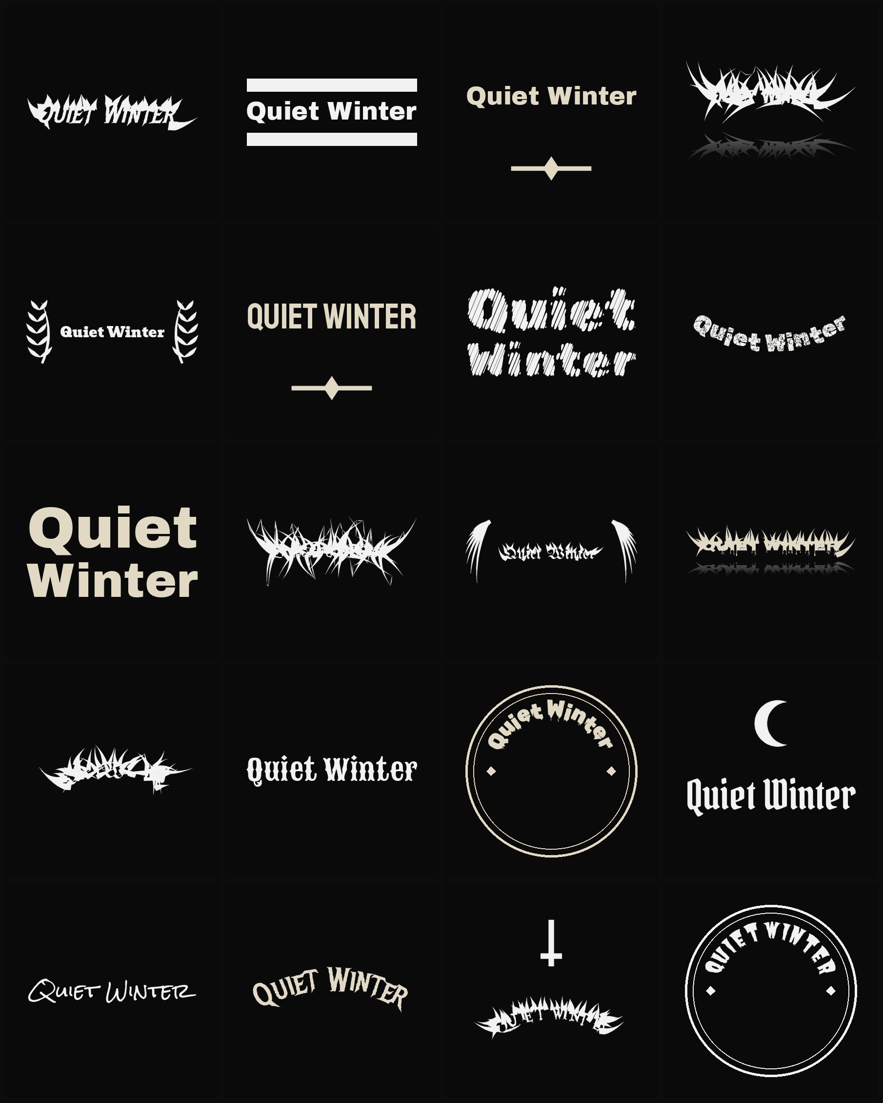 Twenty Quiet Winter band logo ideas — different faces, treatments and spike settings