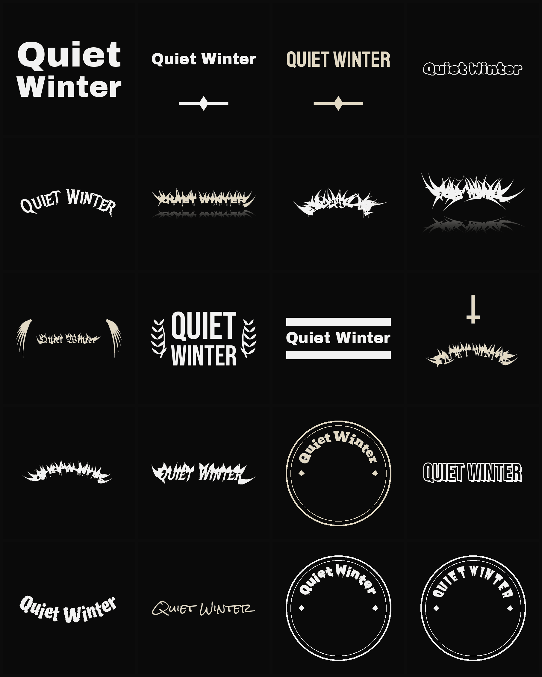 Twenty Quiet Winter band logo ideas — different faces, treatments and spike settings