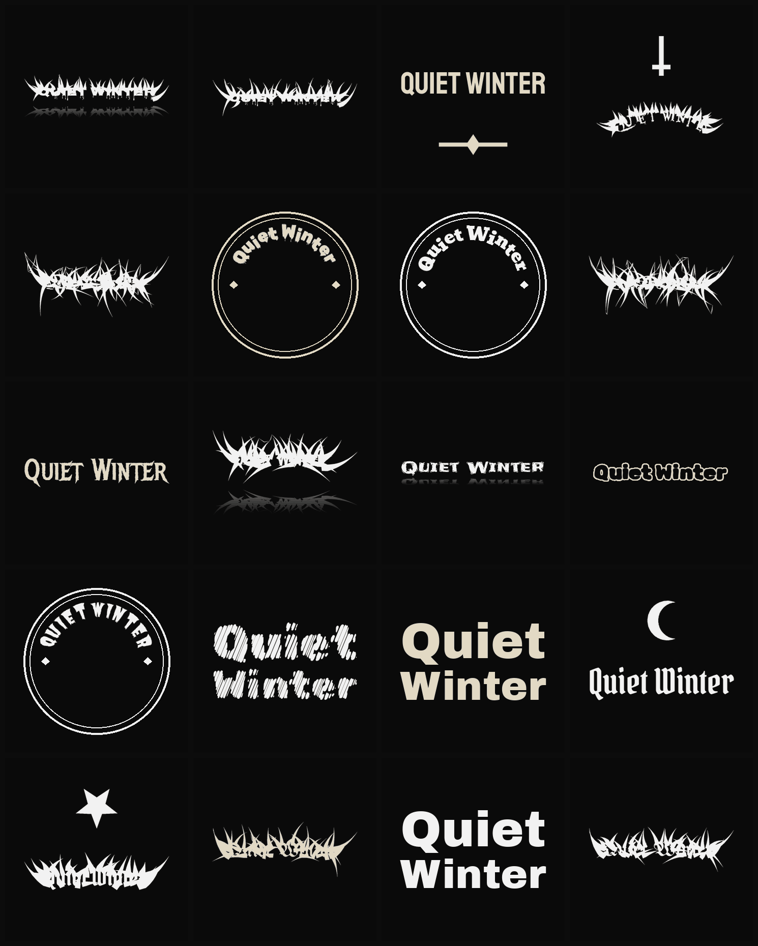 Twenty Quiet Winter band logo ideas — different faces, treatments and spike settings