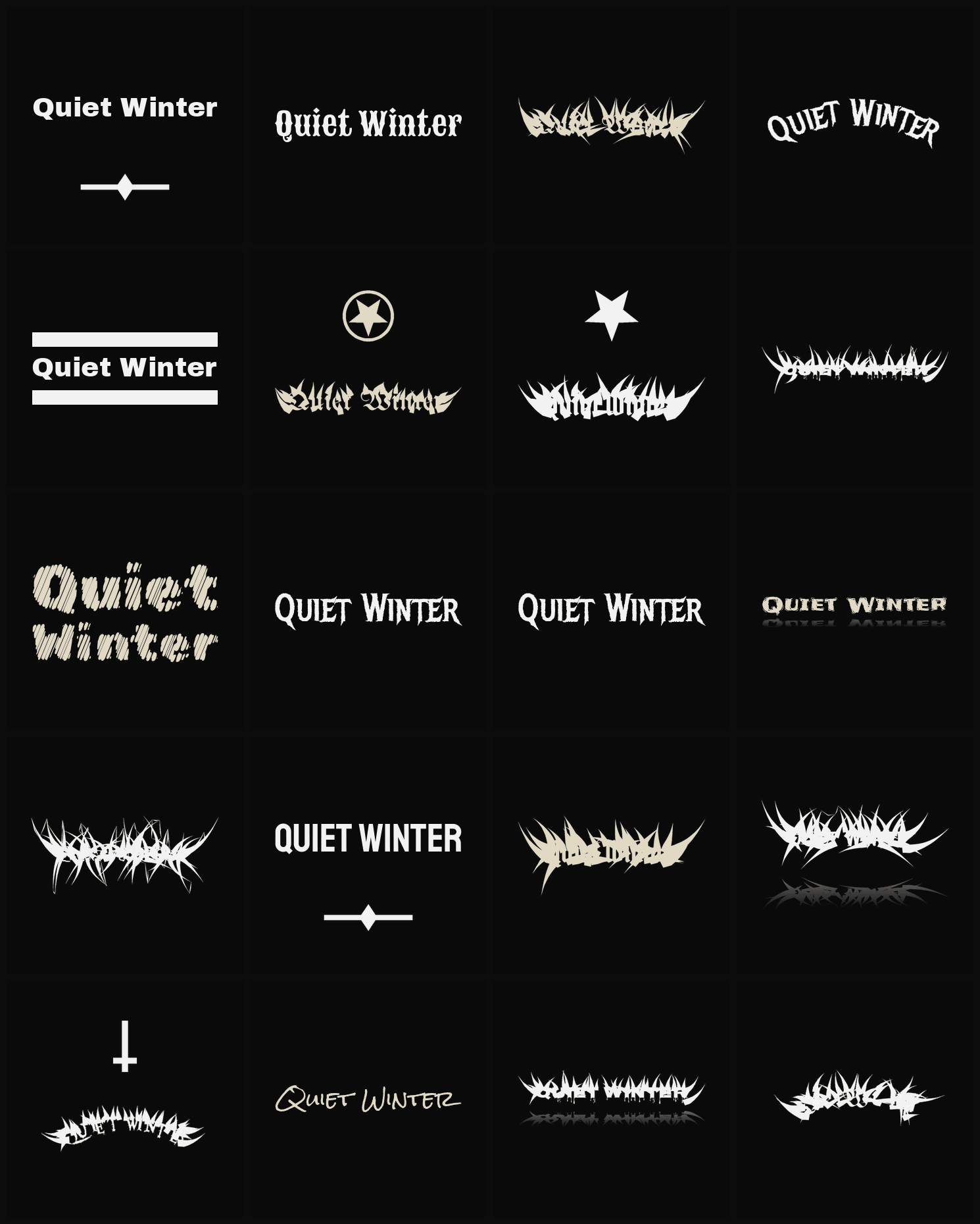 Twenty Quiet Winter band logo ideas — different faces, treatments and spike settings