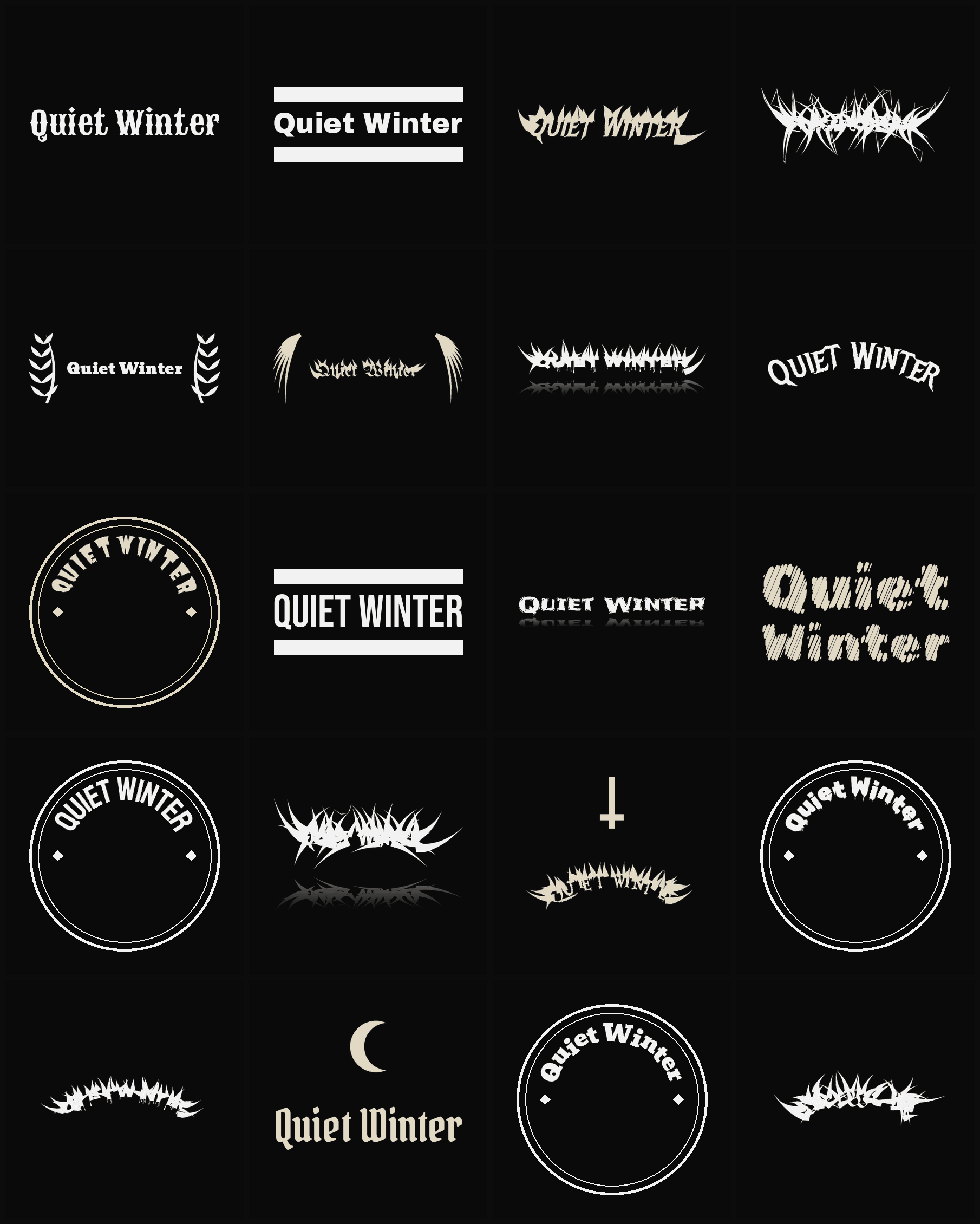 Twenty Quiet Winter band logo ideas — different faces, treatments and spike settings