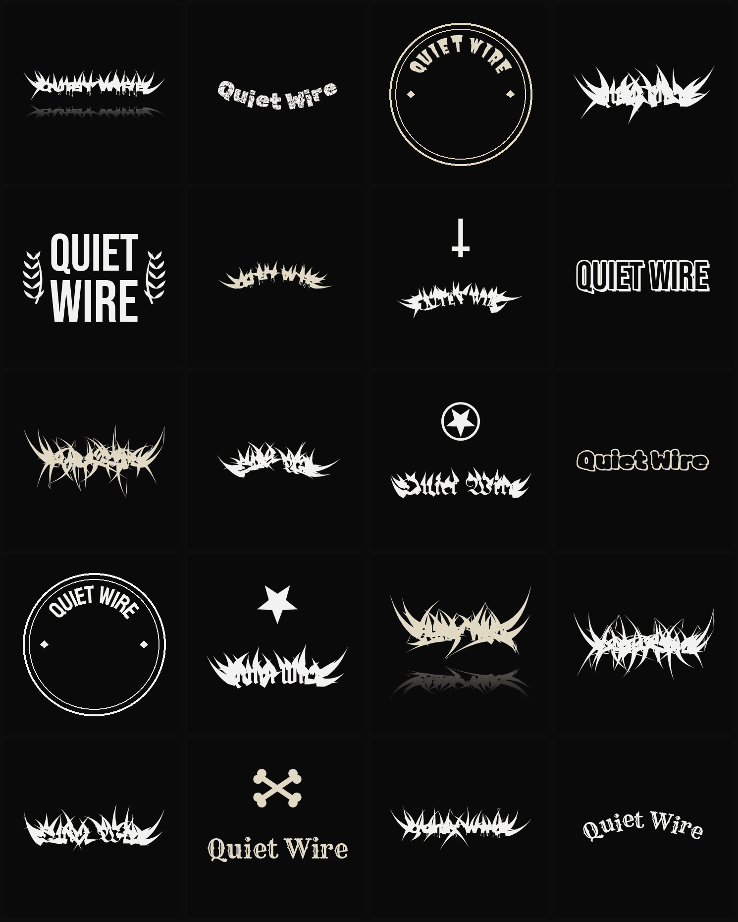 Twenty Quiet Wire band logo ideas — different faces, treatments and spike settings