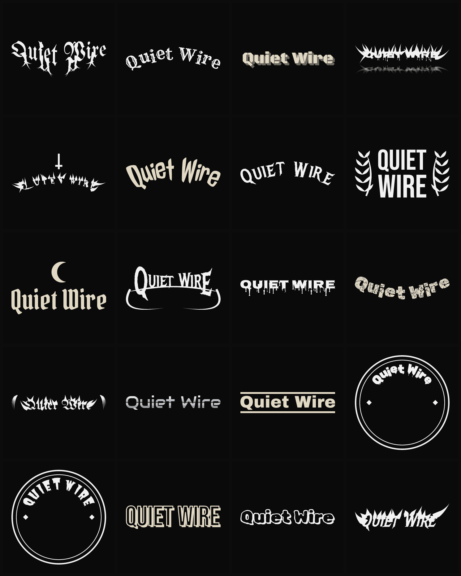 Twenty Quiet Wire band logo ideas — different faces, treatments and spike settings