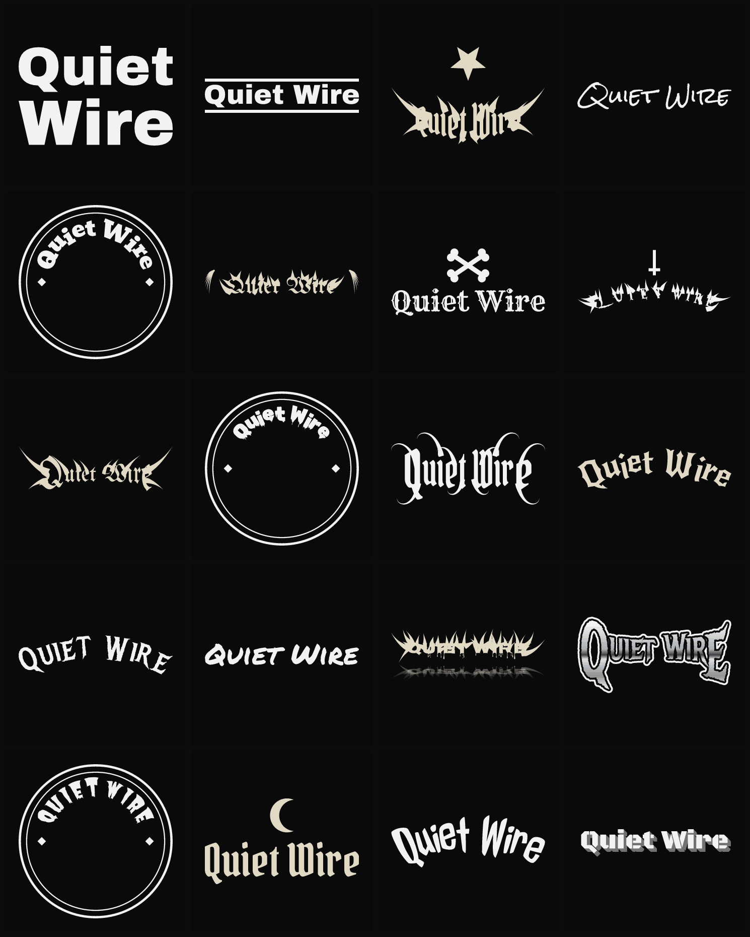 Twenty Quiet Wire band logo ideas — different faces, treatments and spike settings