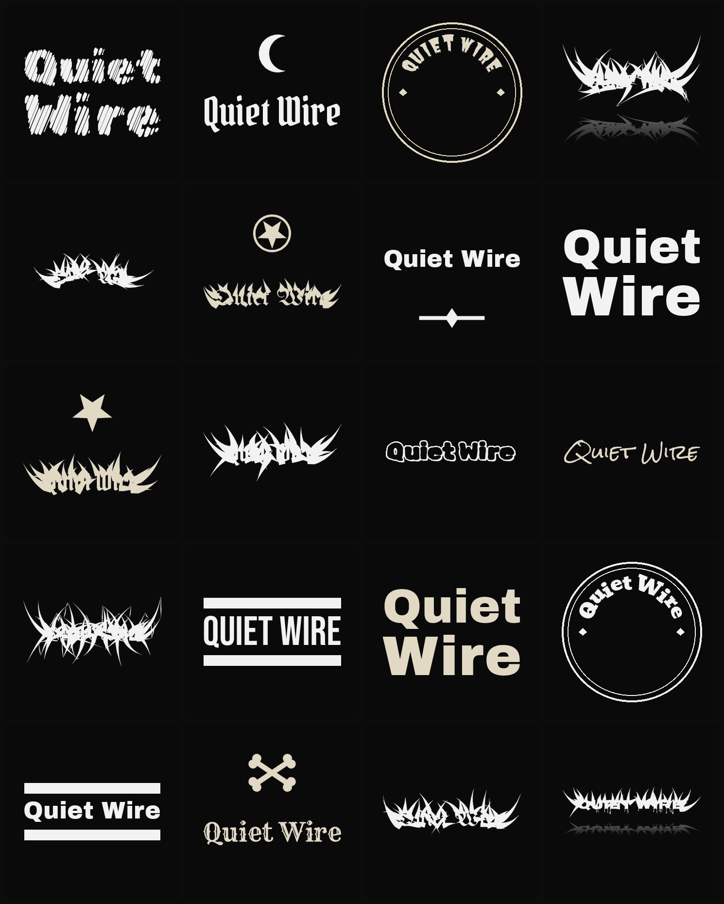 Twenty Quiet Wire band logo ideas — different faces, treatments and spike settings