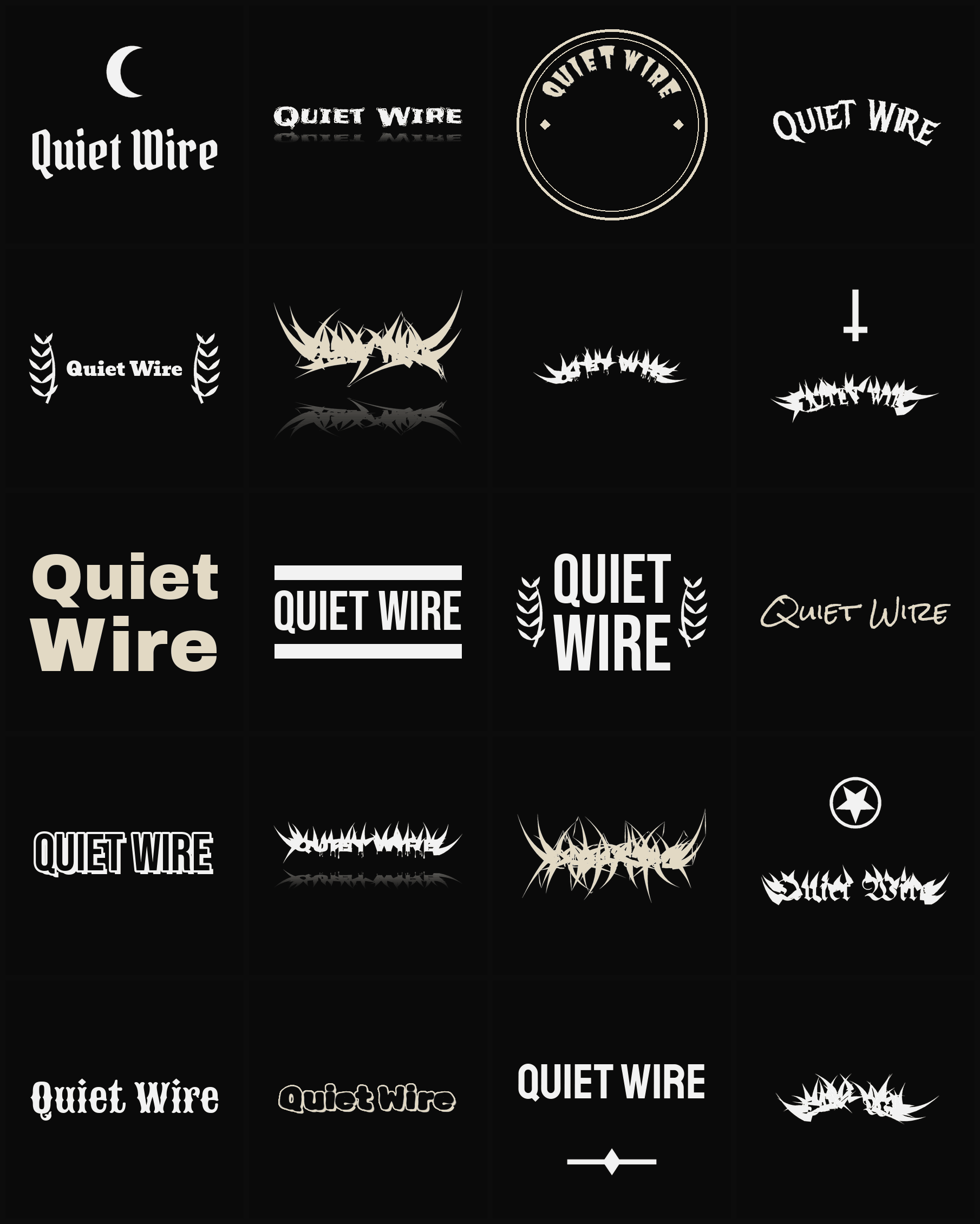Twenty Quiet Wire band logo ideas — different faces, treatments and spike settings