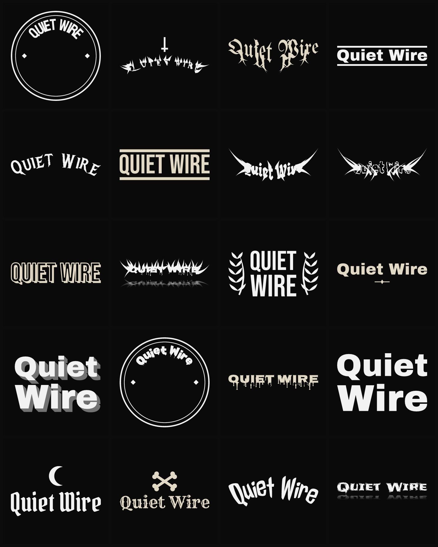 Twenty Quiet Wire band logo ideas — different faces, treatments and spike settings