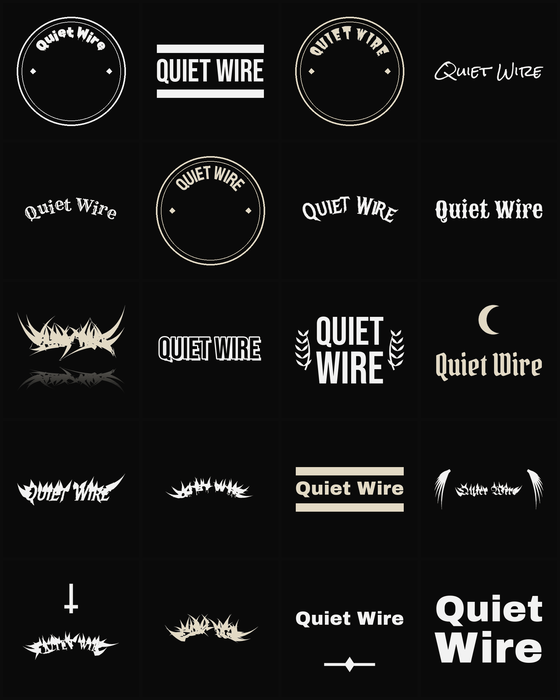 Twenty Quiet Wire band logo ideas — different faces, treatments and spike settings