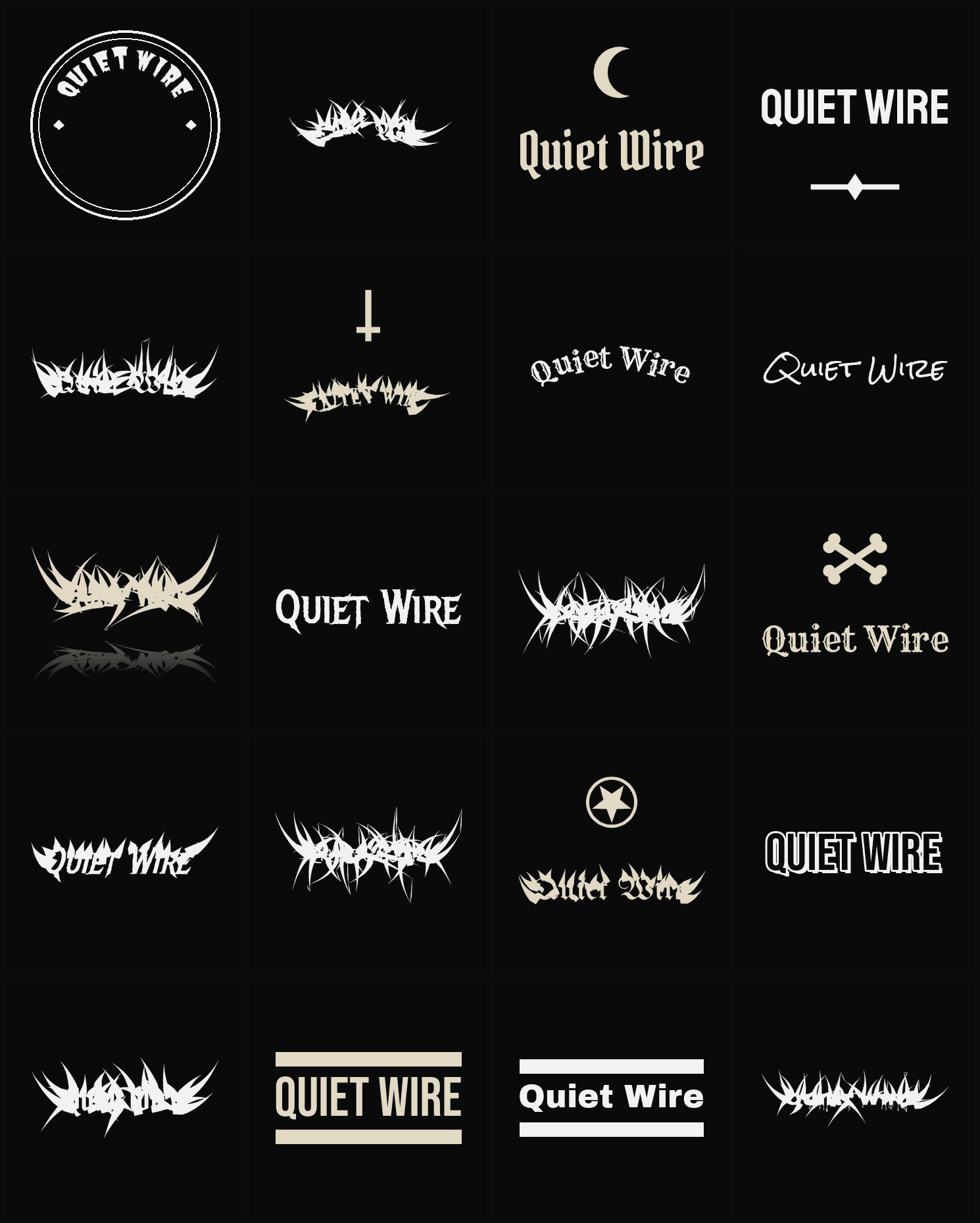 Twenty Quiet Wire band logo ideas — different faces, treatments and spike settings