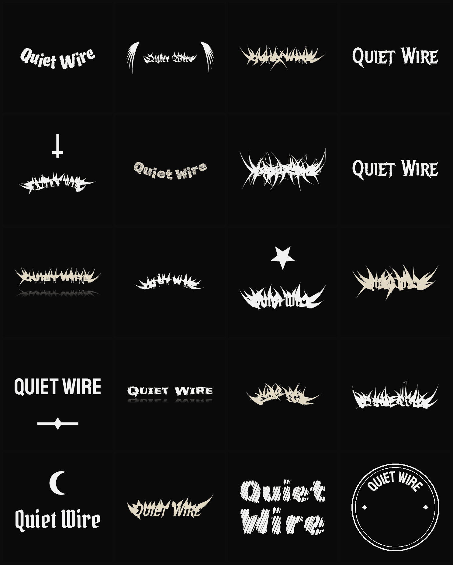 Twenty Quiet Wire band logo ideas — different faces, treatments and spike settings