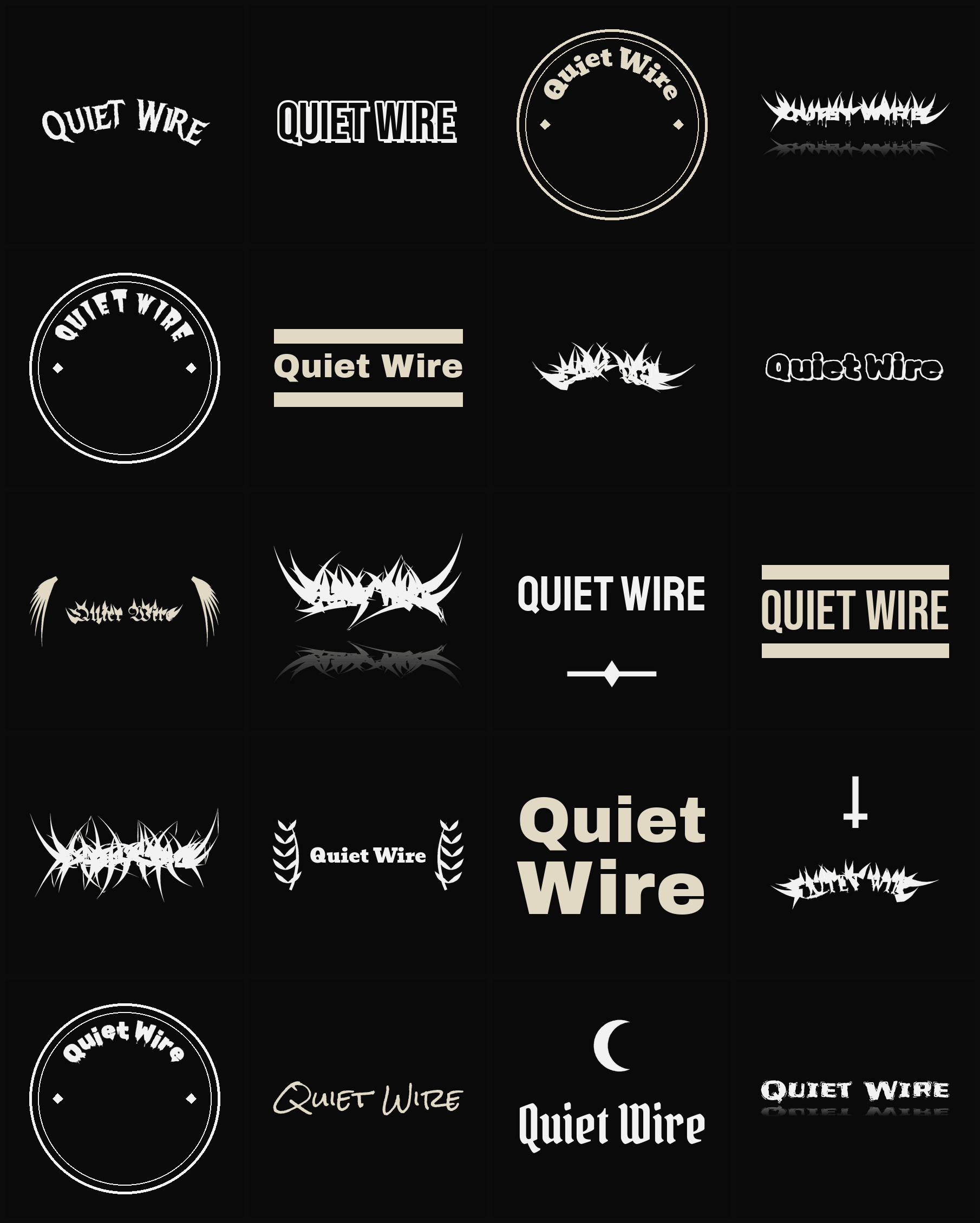 Twenty Quiet Wire band logo ideas — different faces, treatments and spike settings