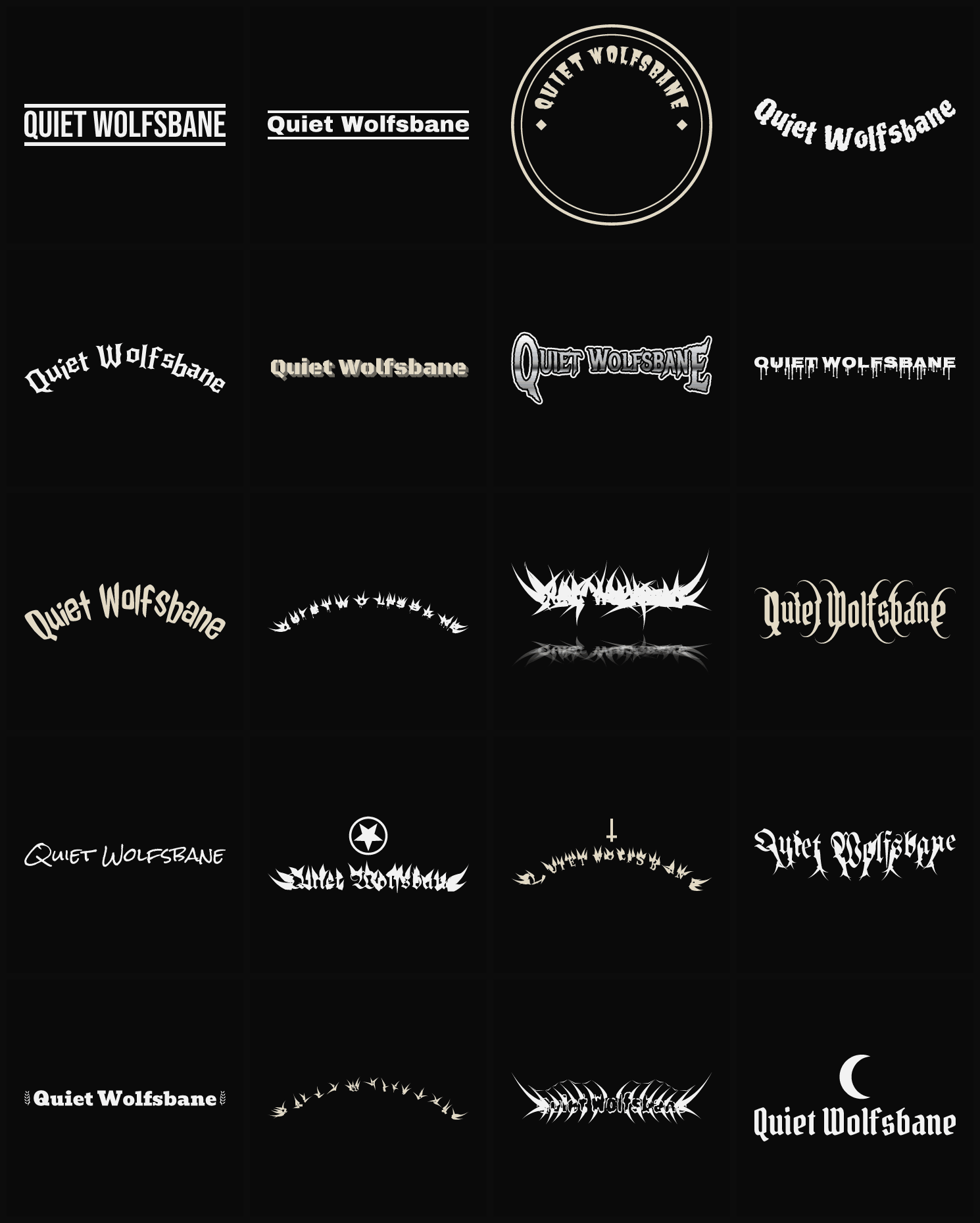 Twenty Quiet Wolfsbane band logo ideas — different faces, treatments and spike settings