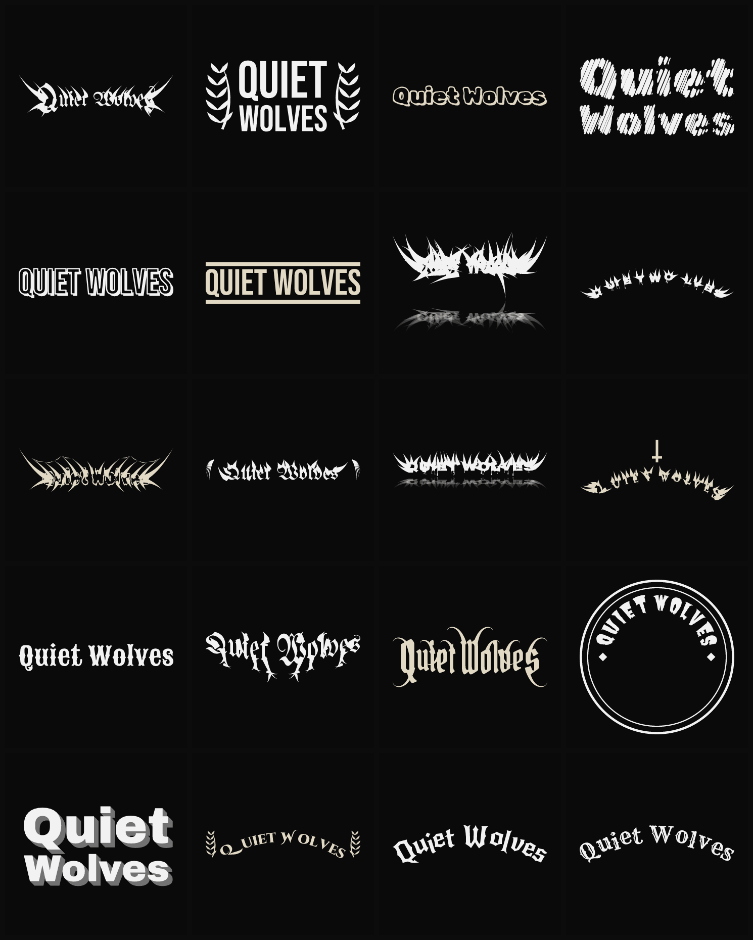 Twenty Quiet Wolves band logo ideas — different faces, treatments and spike settings
