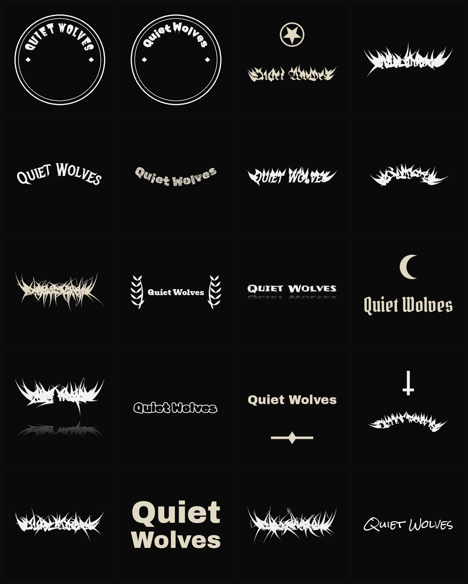 Twenty Quiet Wolves band logo ideas — different faces, treatments and spike settings
