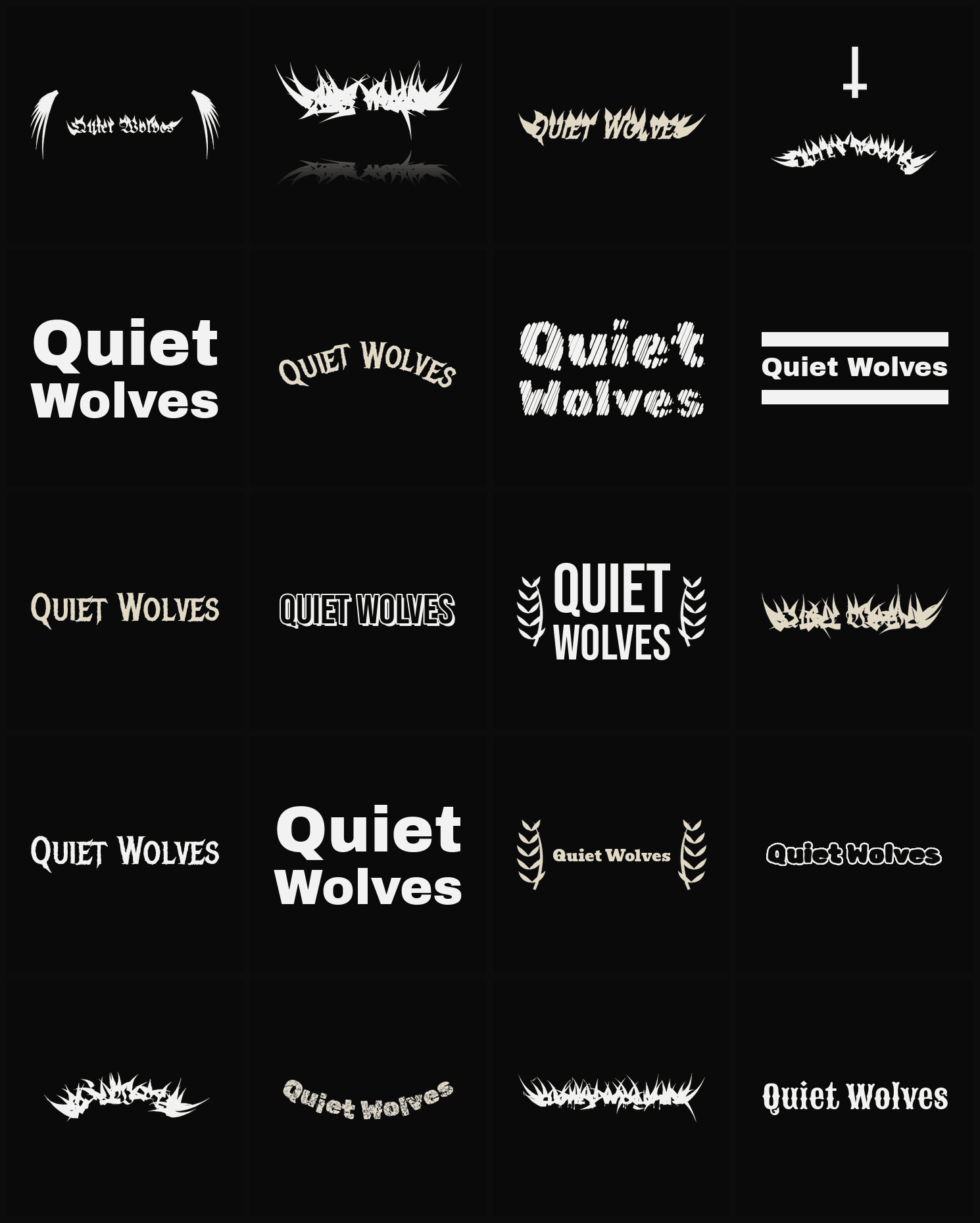 Twenty Quiet Wolves band logo ideas — different faces, treatments and spike settings