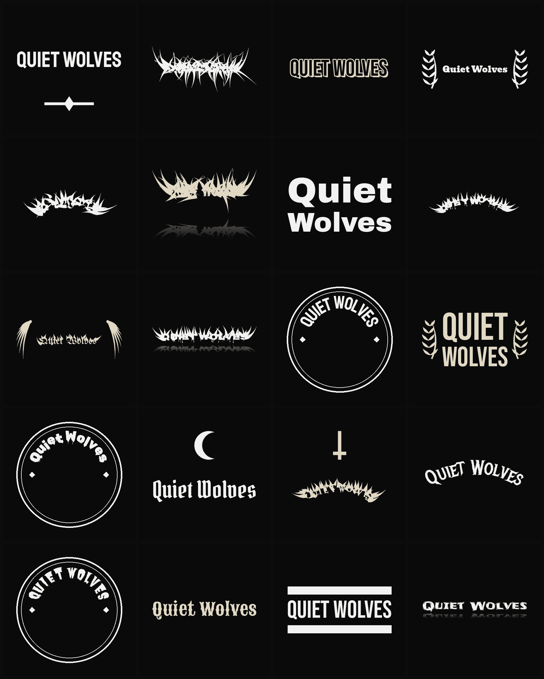 Twenty Quiet Wolves band logo ideas — different faces, treatments and spike settings