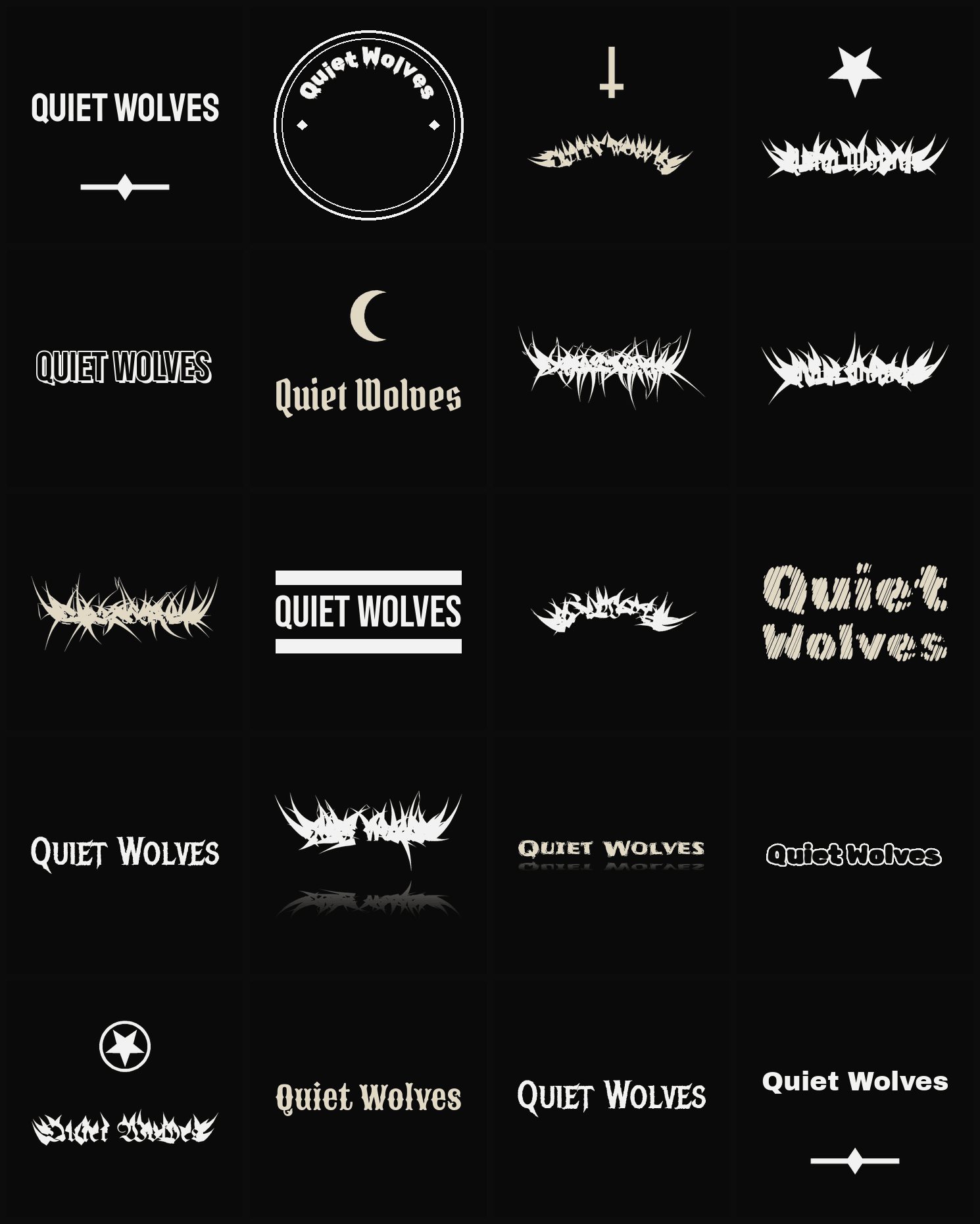 Twenty Quiet Wolves band logo ideas — different faces, treatments and spike settings