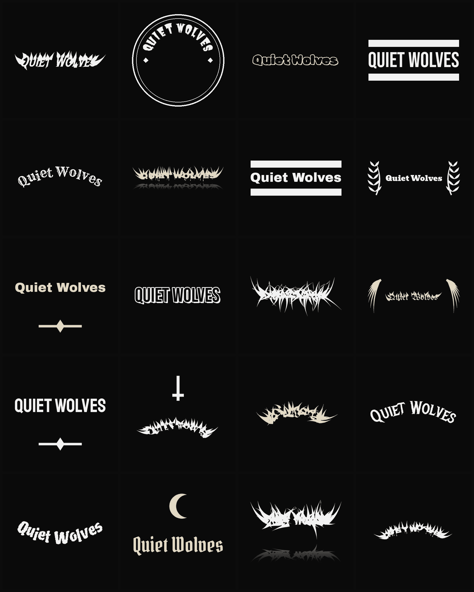 Twenty Quiet Wolves band logo ideas — different faces, treatments and spike settings