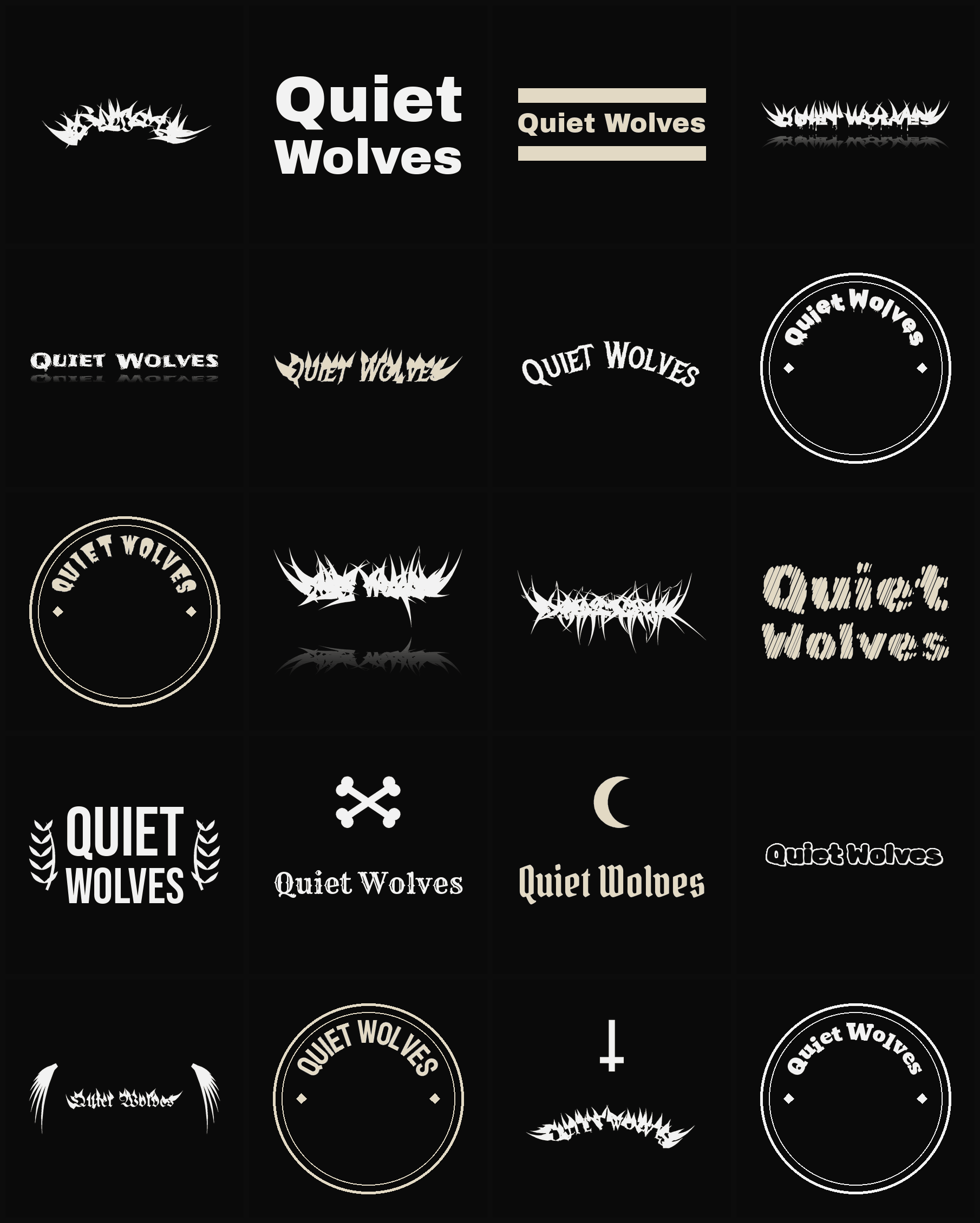 Twenty Quiet Wolves band logo ideas — different faces, treatments and spike settings