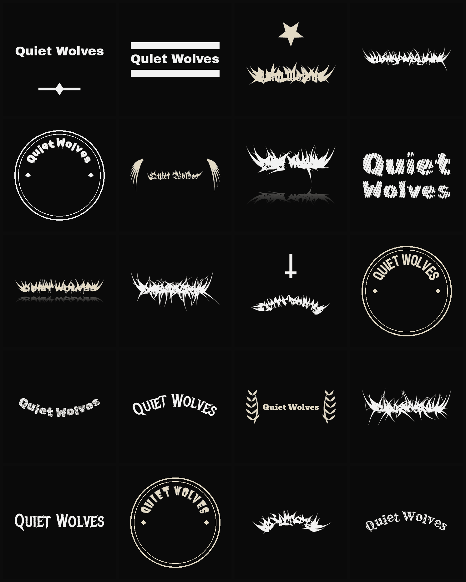 Twenty Quiet Wolves band logo ideas — different faces, treatments and spike settings