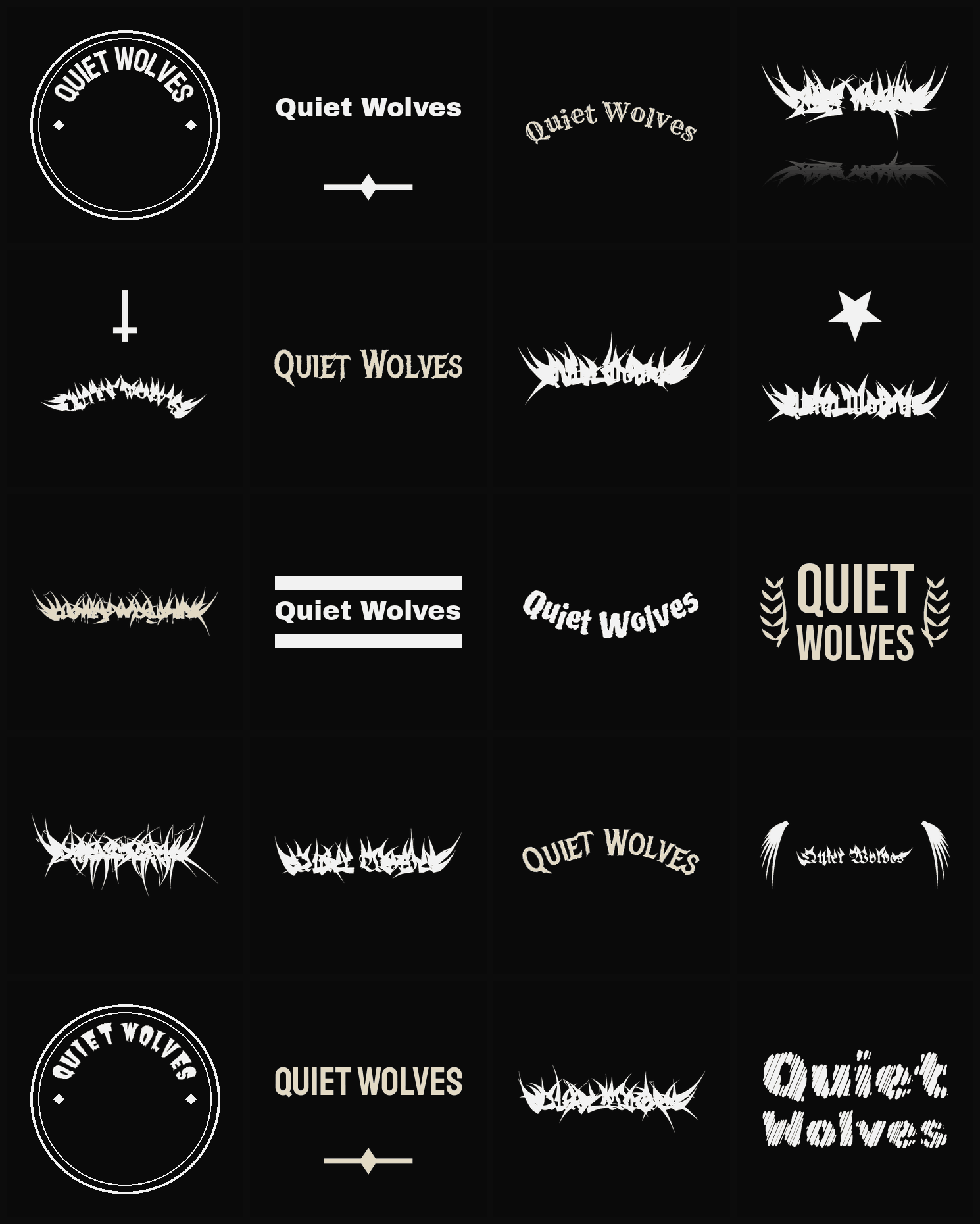 Twenty Quiet Wolves band logo ideas — different faces, treatments and spike settings