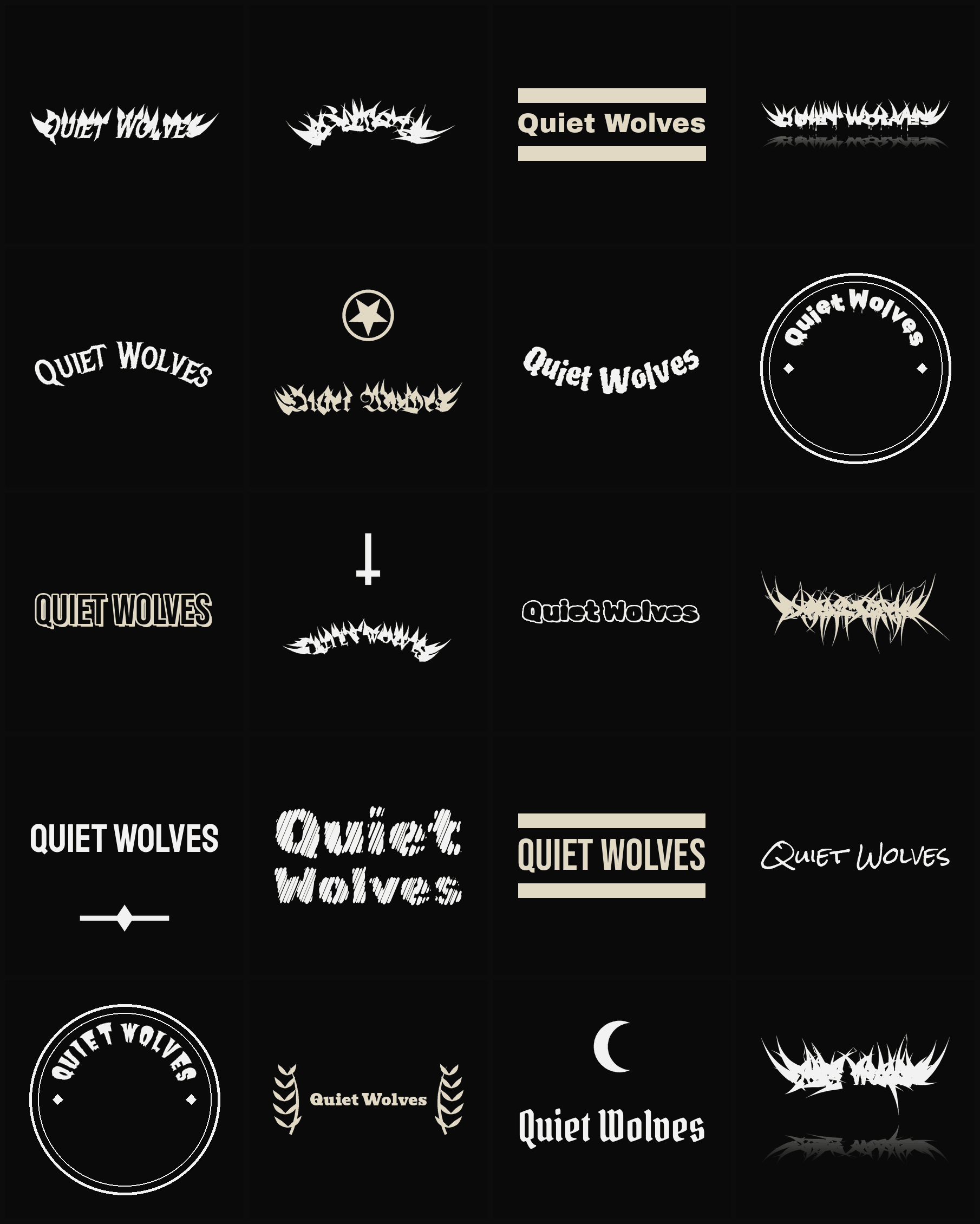 Twenty Quiet Wolves band logo ideas — different faces, treatments and spike settings