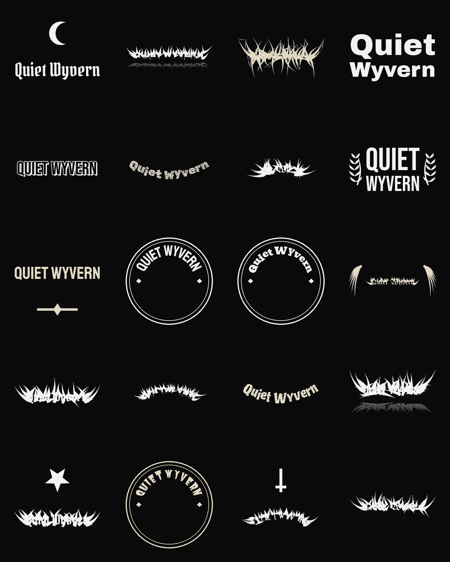 Twenty Quiet Wyvern band logo ideas — different faces, treatments and spike settings