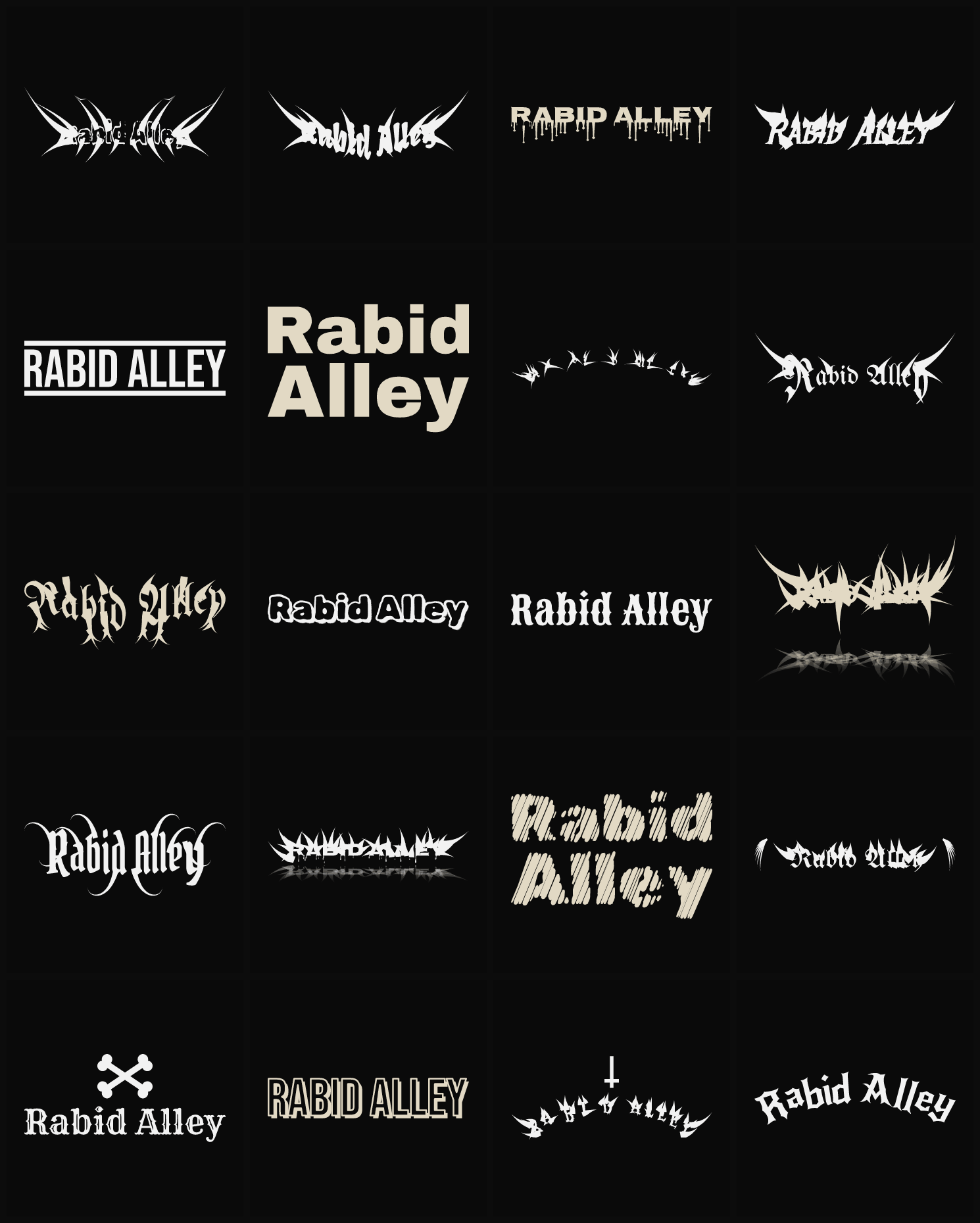 Twenty Rabid Alley band logo ideas — different faces, treatments and spike settings
