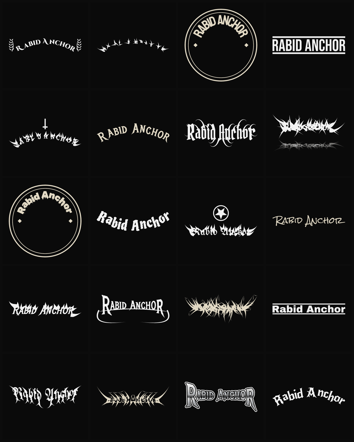 Twenty Rabid Anchor band logo ideas — different faces, treatments and spike settings