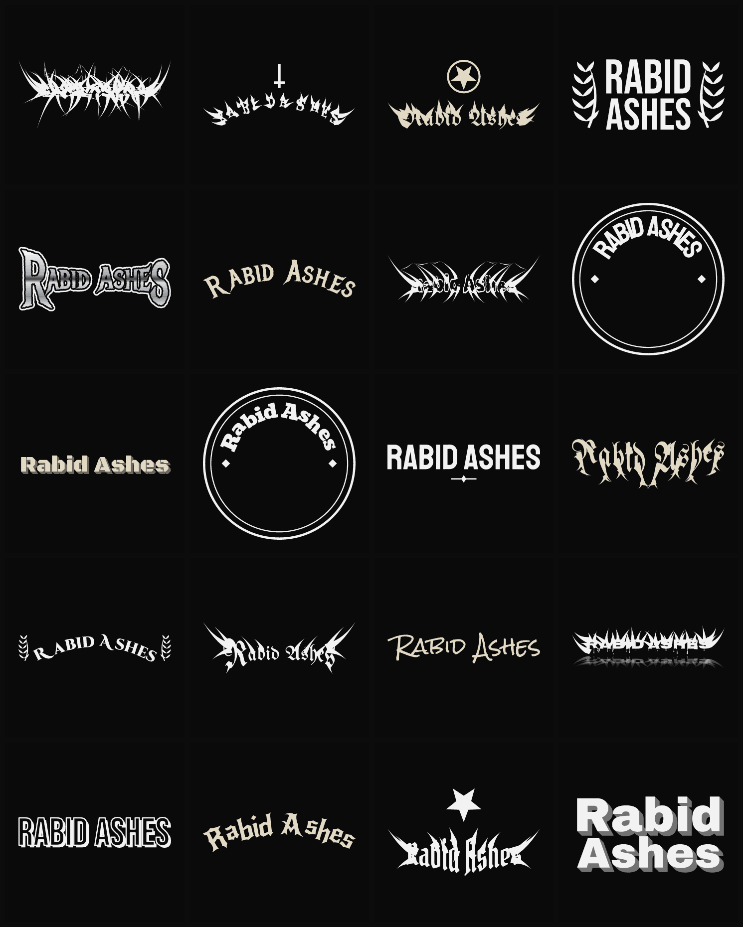 Twenty Rabid Ashes band logo ideas — different faces, treatments and spike settings