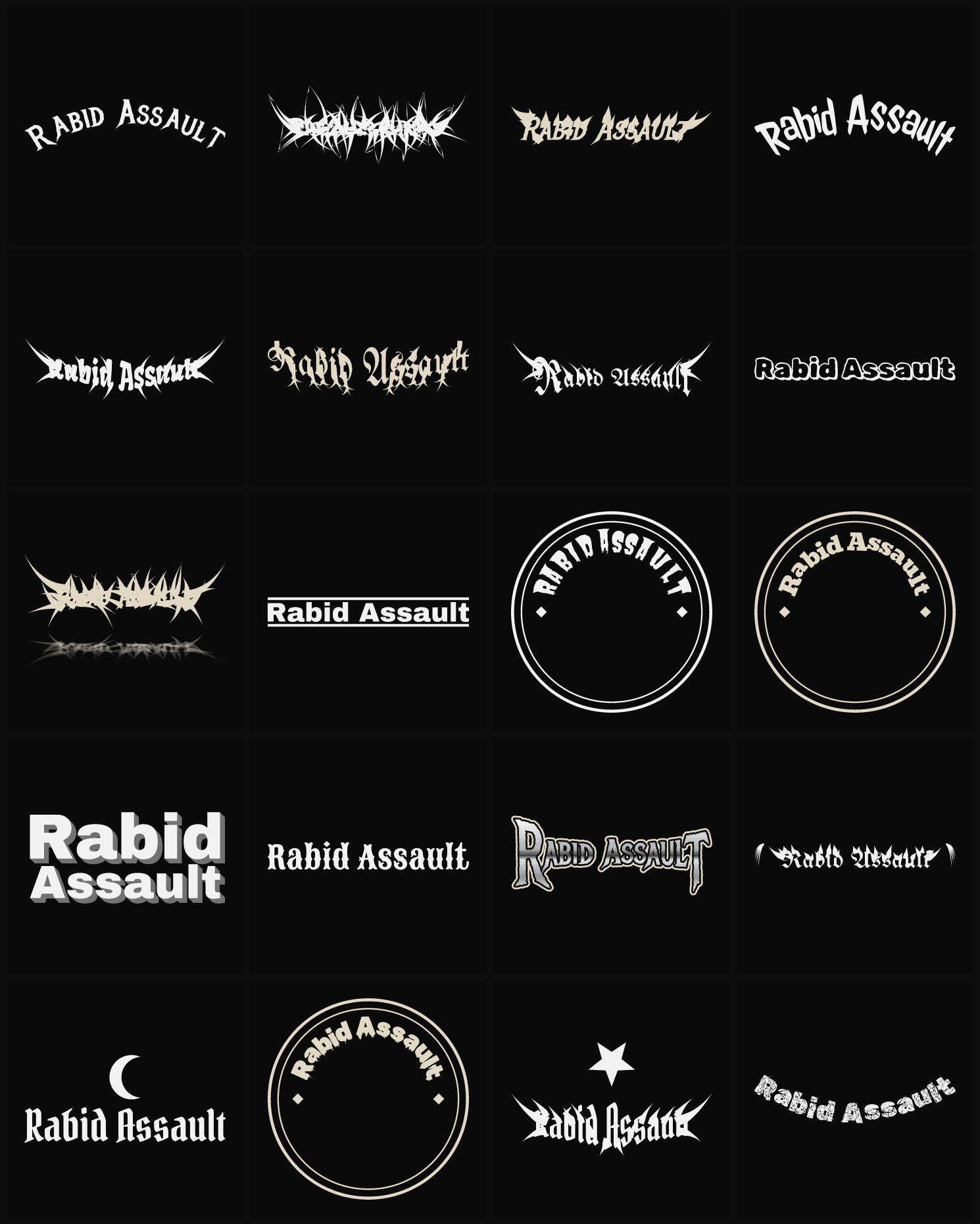 Twenty Rabid Assault band logo ideas — different faces, treatments and spike settings