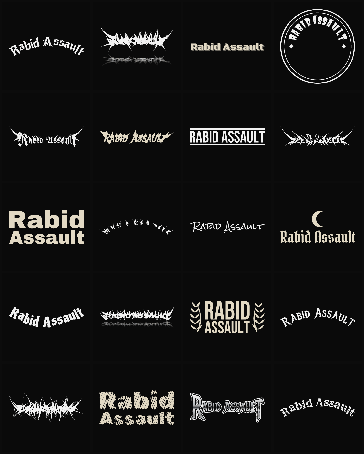 Twenty Rabid Assault band logo ideas — different faces, treatments and spike settings