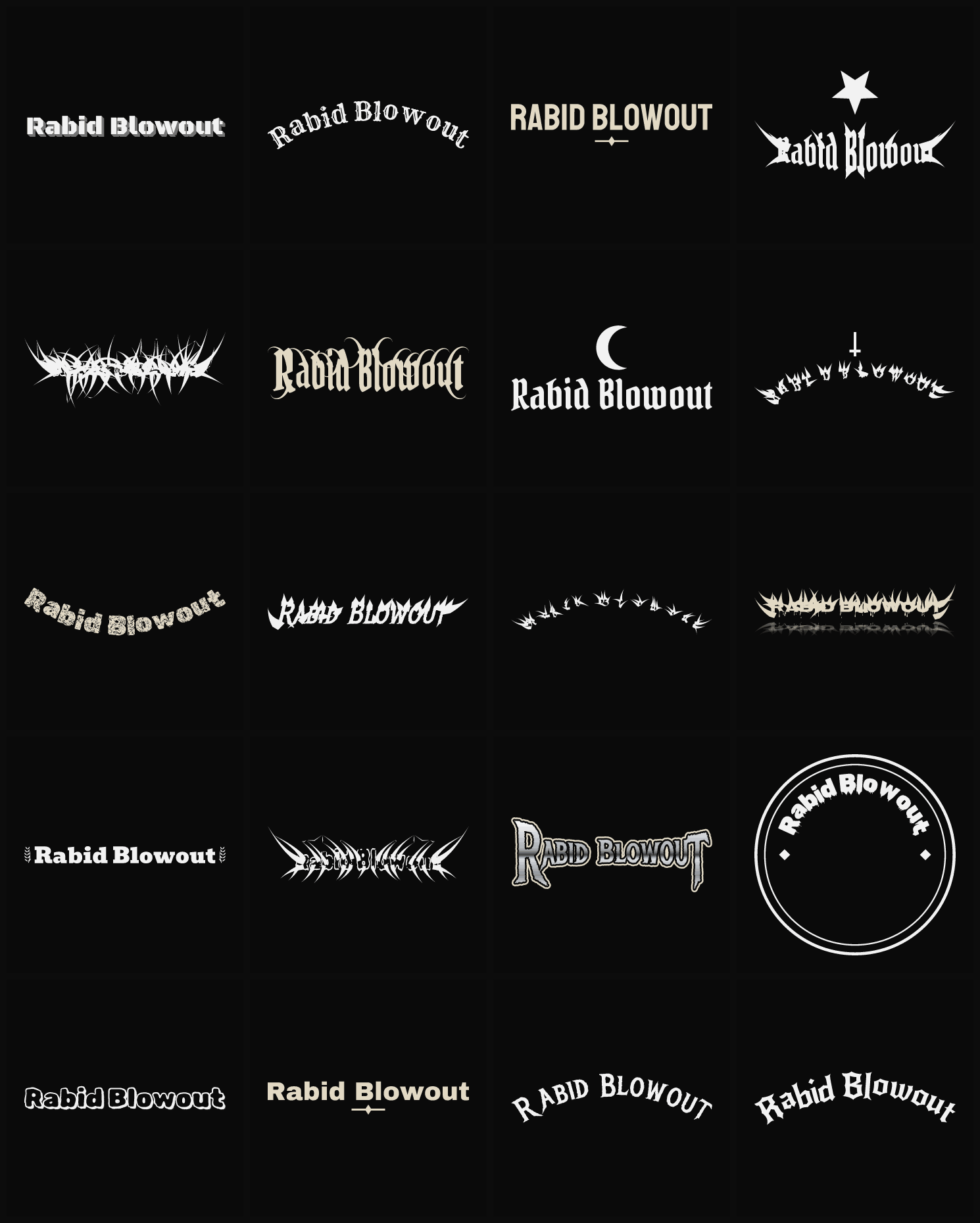 Twenty Rabid Blowout band logo ideas — different faces, treatments and spike settings